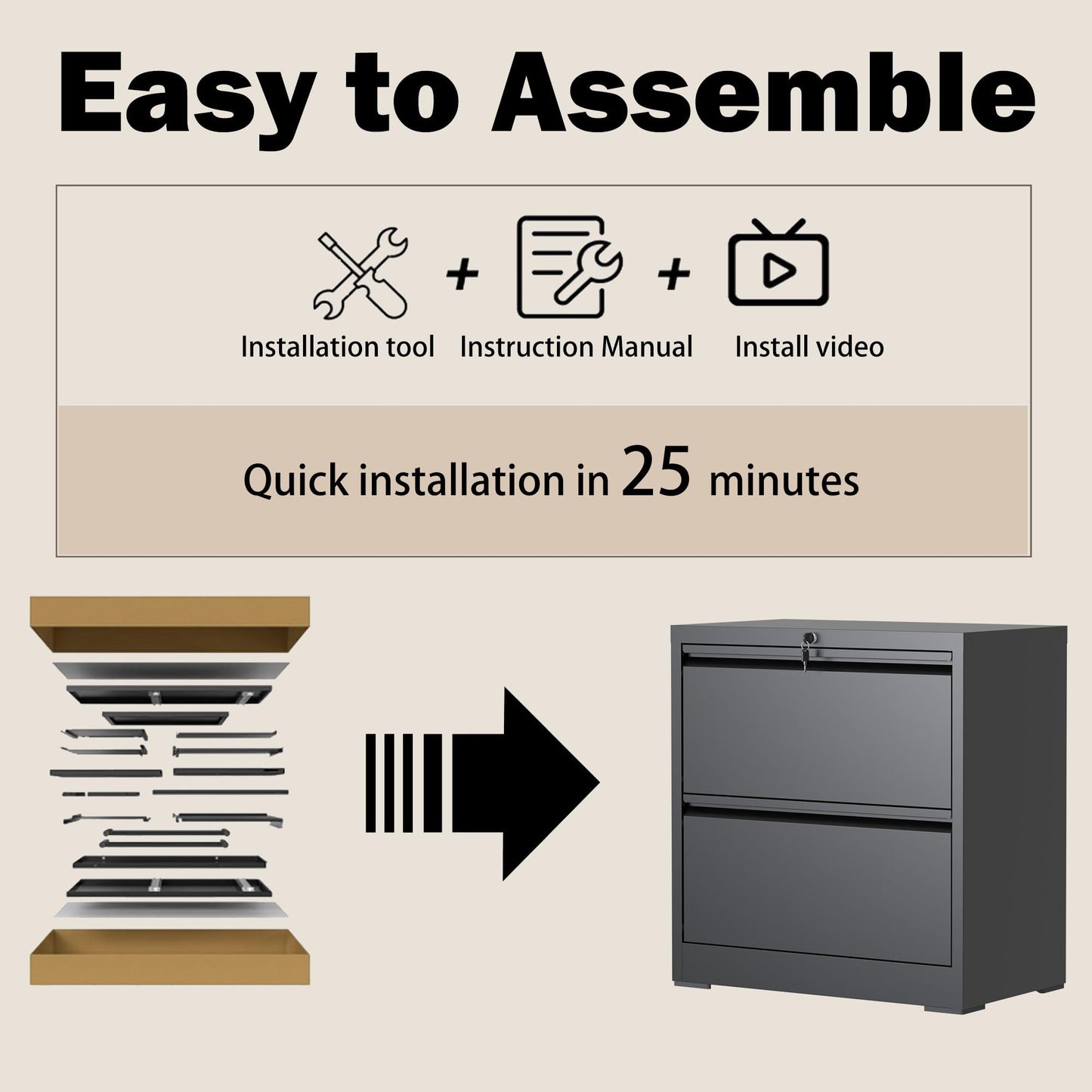 FOSTOKO Lateral File Cabinet with Lock, 2 Drawer Filing Cabinet, Metal File Cabinets for Home Office, Steel Heavy-Duty Filing Storage Cabinet for Letters/Legal/A4 (Require Assembly, Black)