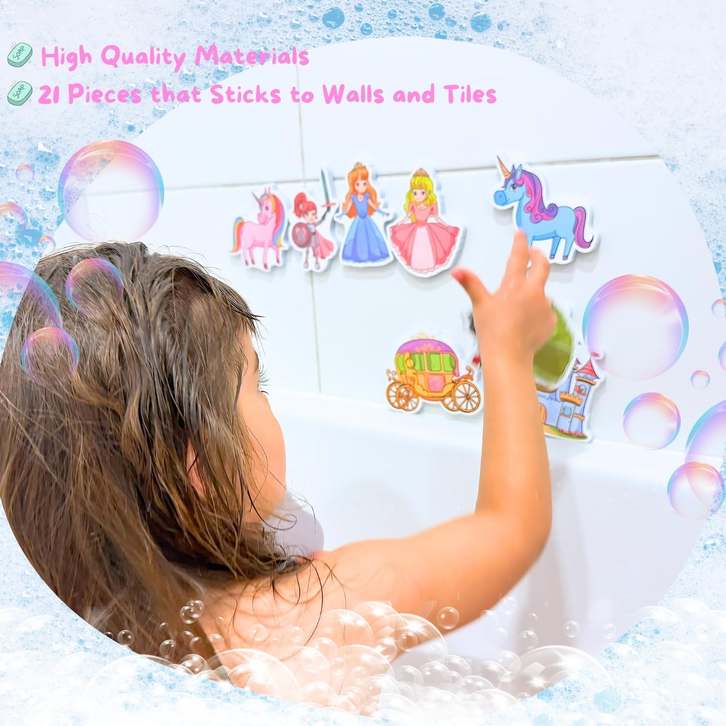 NUBUNI Foam Bath Toys with Storage Bag | Baby Bath Stickers | Shower Toys | Bathtub Toys | Bath Wall Toy | Princess Fairy Tail Foam