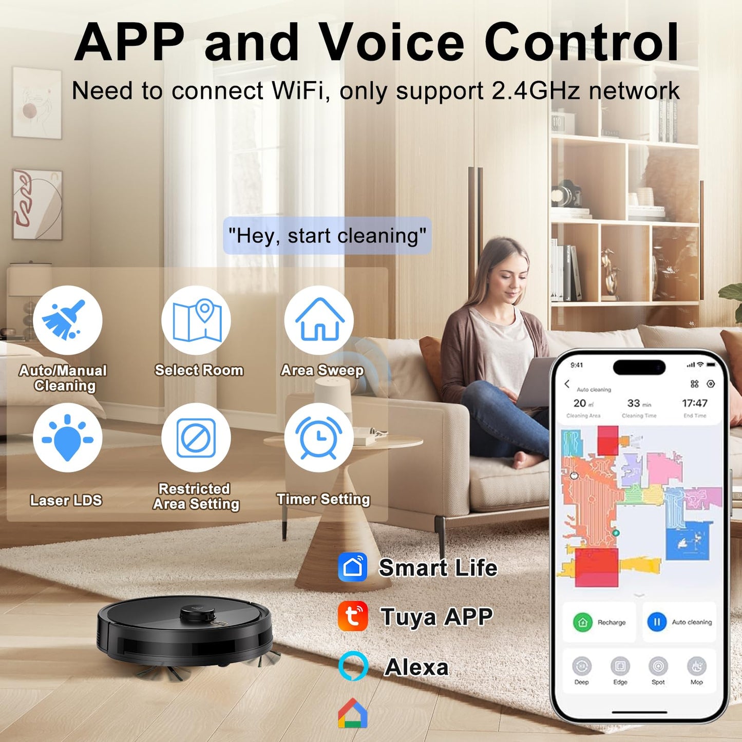 Robot Vacuum and Mop Combo, Robotic Vacuums with LiDAR Navigation, Smart Mapping, Strong Suction, with WiFi/App/Alexa/Voice Control, Obstacle Avoidance, for Home, Wood/Hard Floors, Pet Hair Black