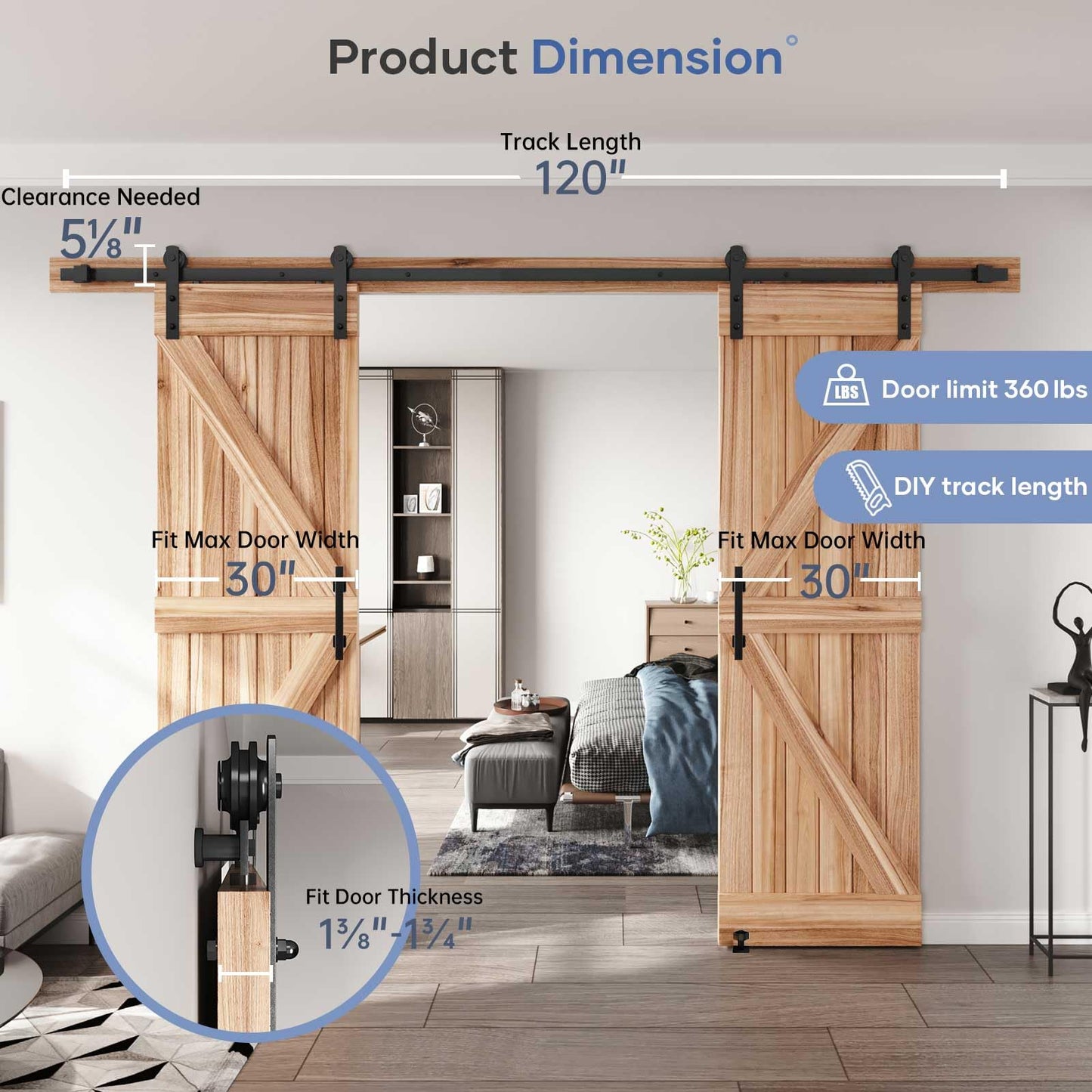 EaseLife 10 FT Double Sliding Barn Door Track and Handle Hardware Kit,Basic J Pulley,Slide Smoothly Quietly,Easy Install (10FT Track Kit for 27"~30" Wide Double Door)