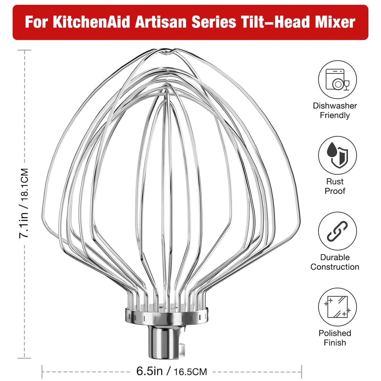 KN211WW Stainless Steel 11-Wire Whip Attachment for KitchenAid Bowl-Lift Mixer 7 Quart Bowl, Stainless Steel Whisk Replacement for Kitchen Aid Mixer, Dishwasher Safe, Egg Heavy Cream Beater.