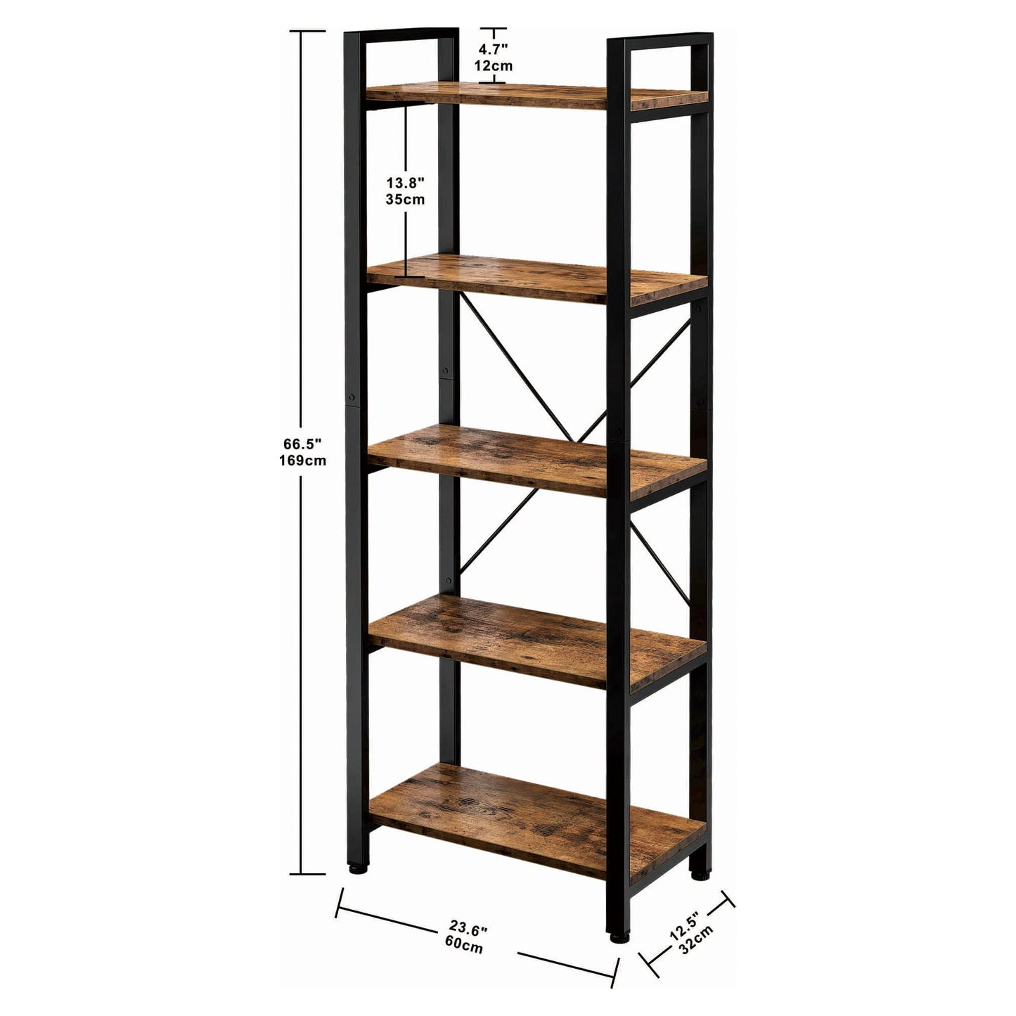 IRONCK Bookshelf, 5-Tier Book Shelf, 110 lbs/Shelf Vintage Industrial Style Bookshelves for Living Room and Home Office, Vintage Brown