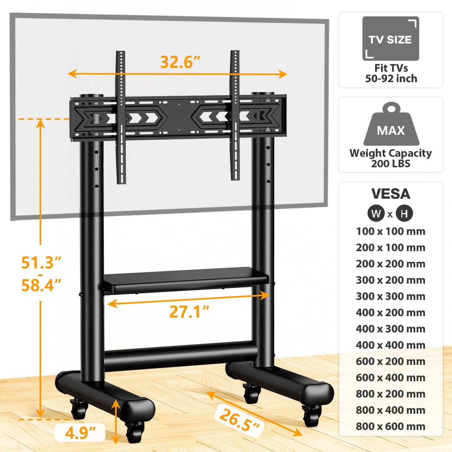 TVON Heavy Duty Rolling TV Stand for 50-92 Inch Large TVs up to 200 lbs, Height Adjustable Mobile TV Stand with Shelf, Upgraded Portable TV Stand on Wheels for Living Room, Office, Trade Show