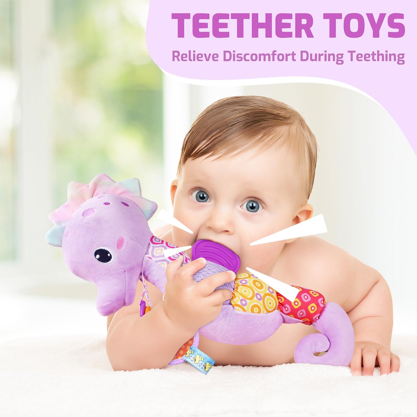 Sumobaby Infant Baby Musical Stuffed Animal Activity Soft Toys with Multi-Sensory Crinkle, Rattle and Textures, for Tummy Time Newborn 0-3-6-12 Months Girls,Seahorses - Purple with Baby Mirror