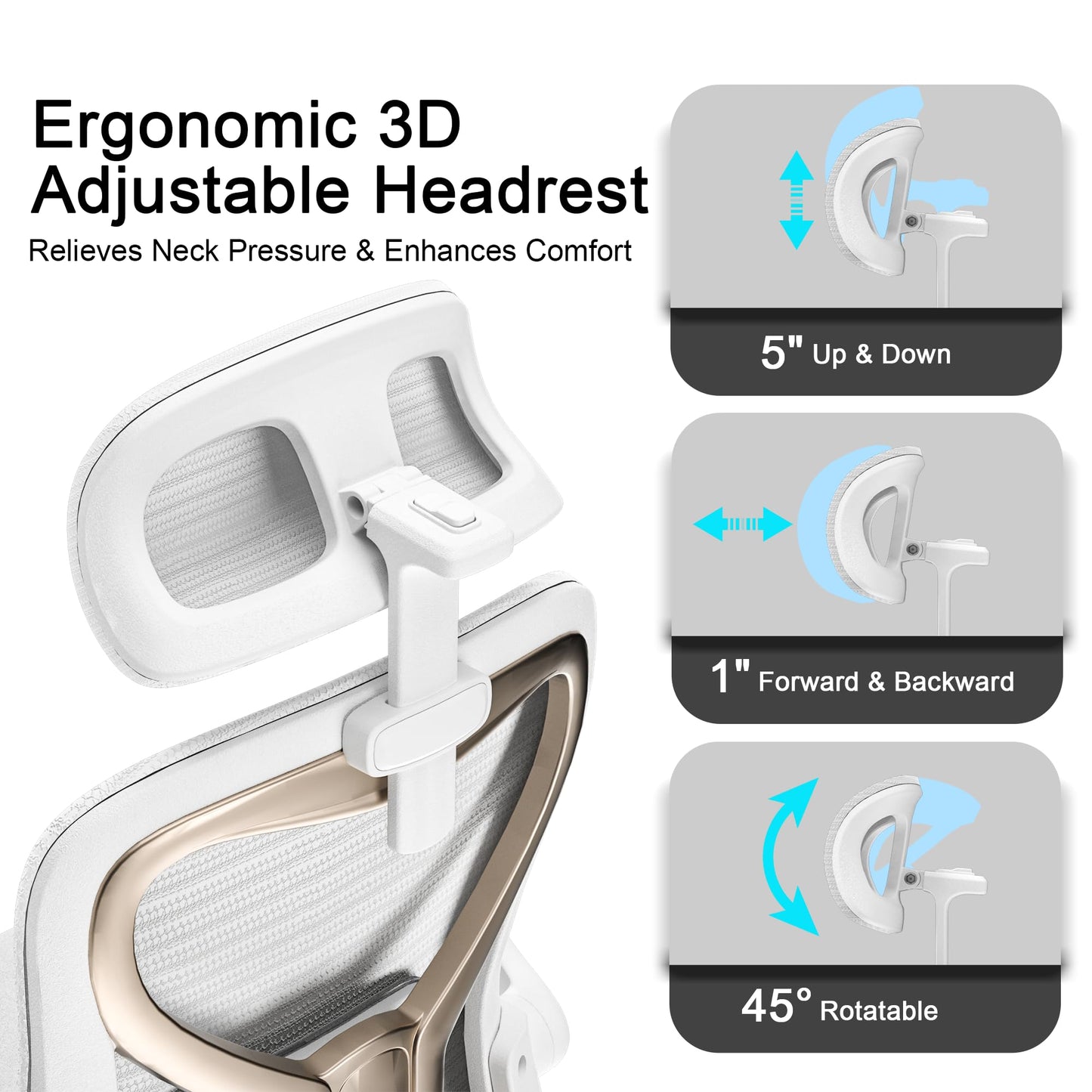 Ergonomic Office Chair for Back & Neck Pain Relief, Virgin Foam Seat, 2D Adjustable Lumbar & 3D Headrest, Tilt & Rock for Relaxation, Ideal for Long Sitting Comfort, White/Gold
