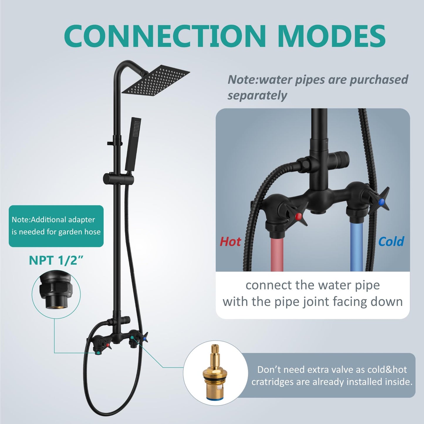Aolemi Wall Mount Outdoor Shower Kit,Outdoor Shower Fixtures Faucet System with Handheld Spray,Double Handle 6 Inch Center Exposed Shower,with 6" Shower Head Matte Black