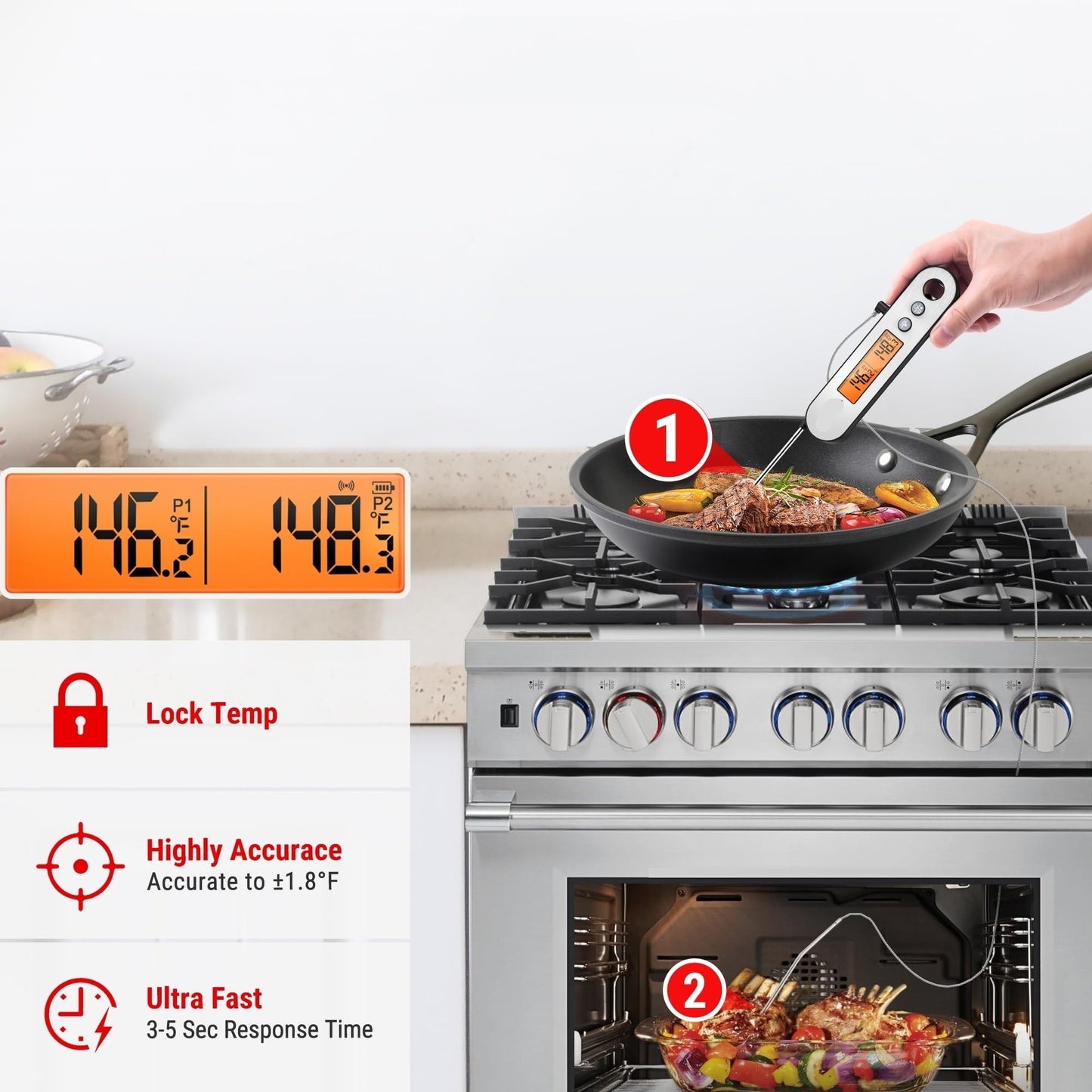 BERHUTJ Rechargable Waterproof Backlight 2 in 1 Folding Wired Probe Digital Kitchen Cooking Oven BBQ Meat Thermometer