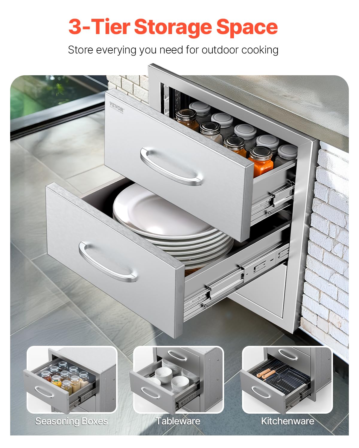 VEVOR Outdoor Kitchen Drawers, 18.5" W x 22.5" H x 22.5" D Triple Access Drawers, Stainless Steel Flush Mount Cabinets, BBQ Island Storage with Handle, for Outdoor Kitchens or Patio Grill Station