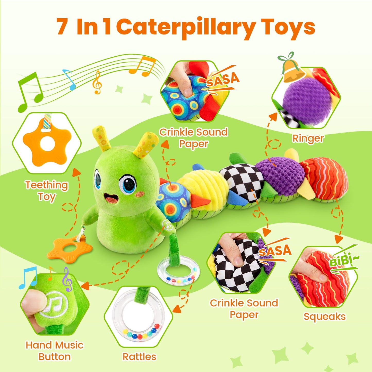 gogonova Baby Musical Caterpillar Toy 0-12 Months, Washable Teething Rattle with 10 Kids Songs, Infant Tummy Time Toy for Newborn Boys Girls (Green)