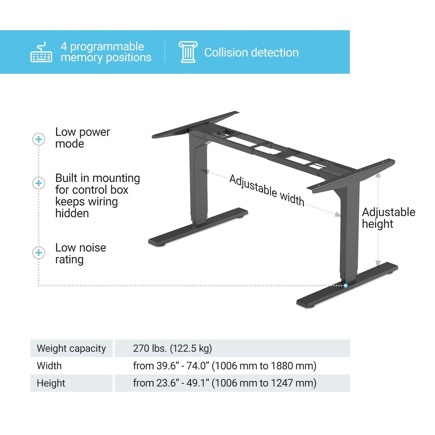 PROGRESSIVE AUTOMATIONS Electric Standing Desk Frame Dual Motor. Adjustable Height and Width, 3 Stages Legs for sit Stand Home Office desks suites Tops from 48" to 73" FLT-02 Black