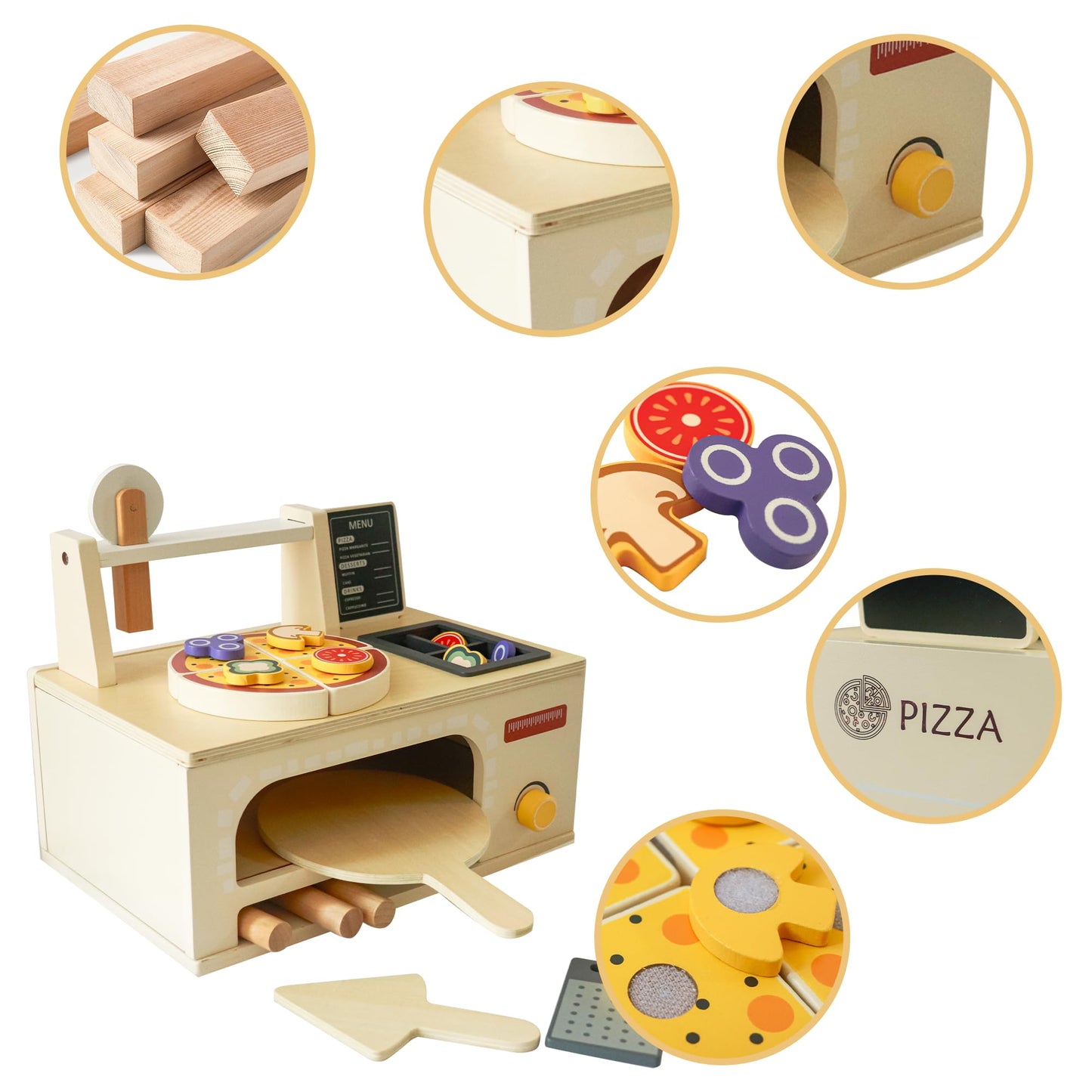 Wooden Pizza Toy Playset for Kids Ages 3–5, Montessori Pretend Play Food & Wooden Kitchen Playset with Easy Bake Oven, Slice & Serve Pizza Maker Toy, Educational Cooking Gift for Boys and Girls