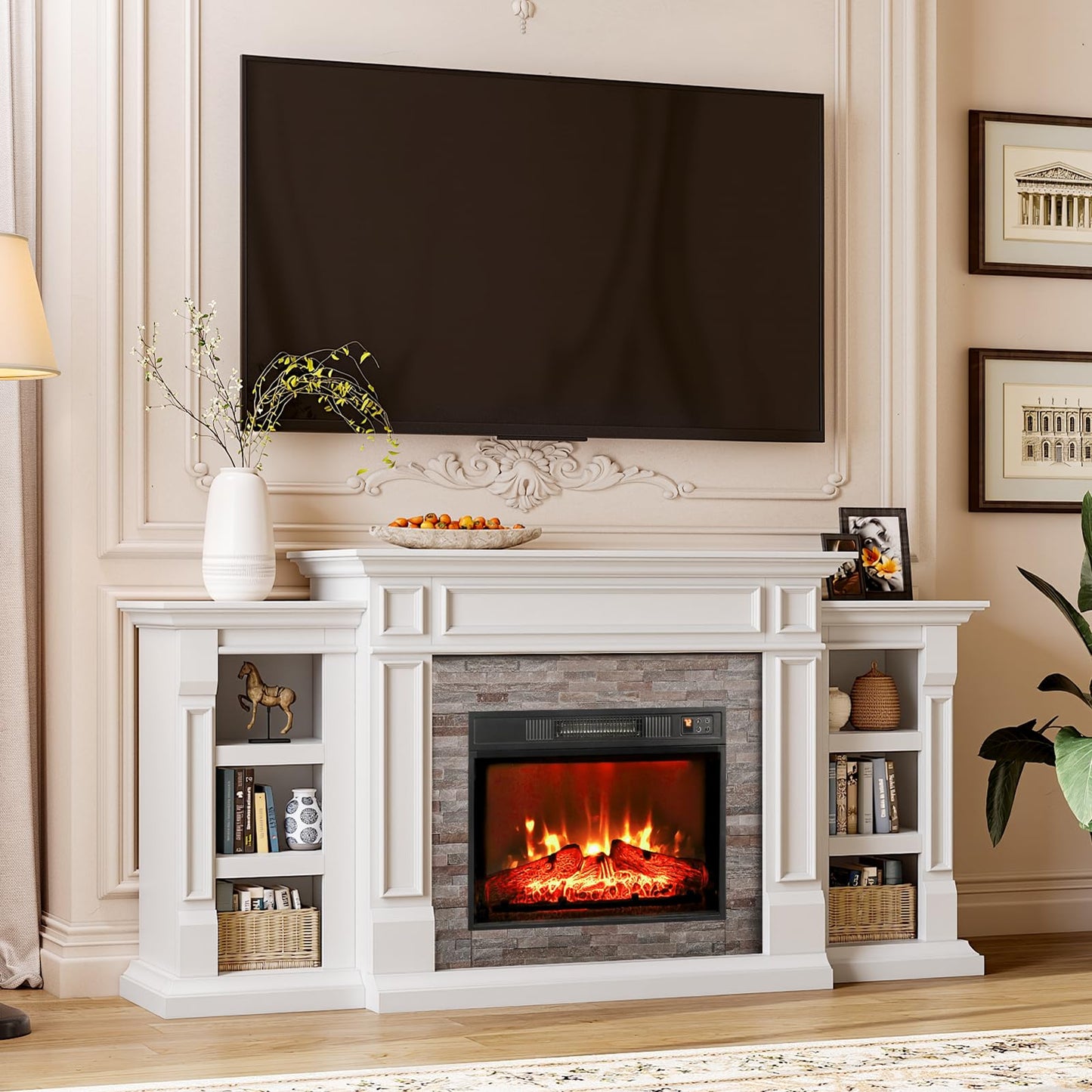 72" Electric Fireplace with Mantel, Fireplace TV Stand for TVs Up to 80 Inch, Modern Entertainment Center with Storage, Realistic Stacked Stone Surround with Remote Control for Living Room, Bedroom