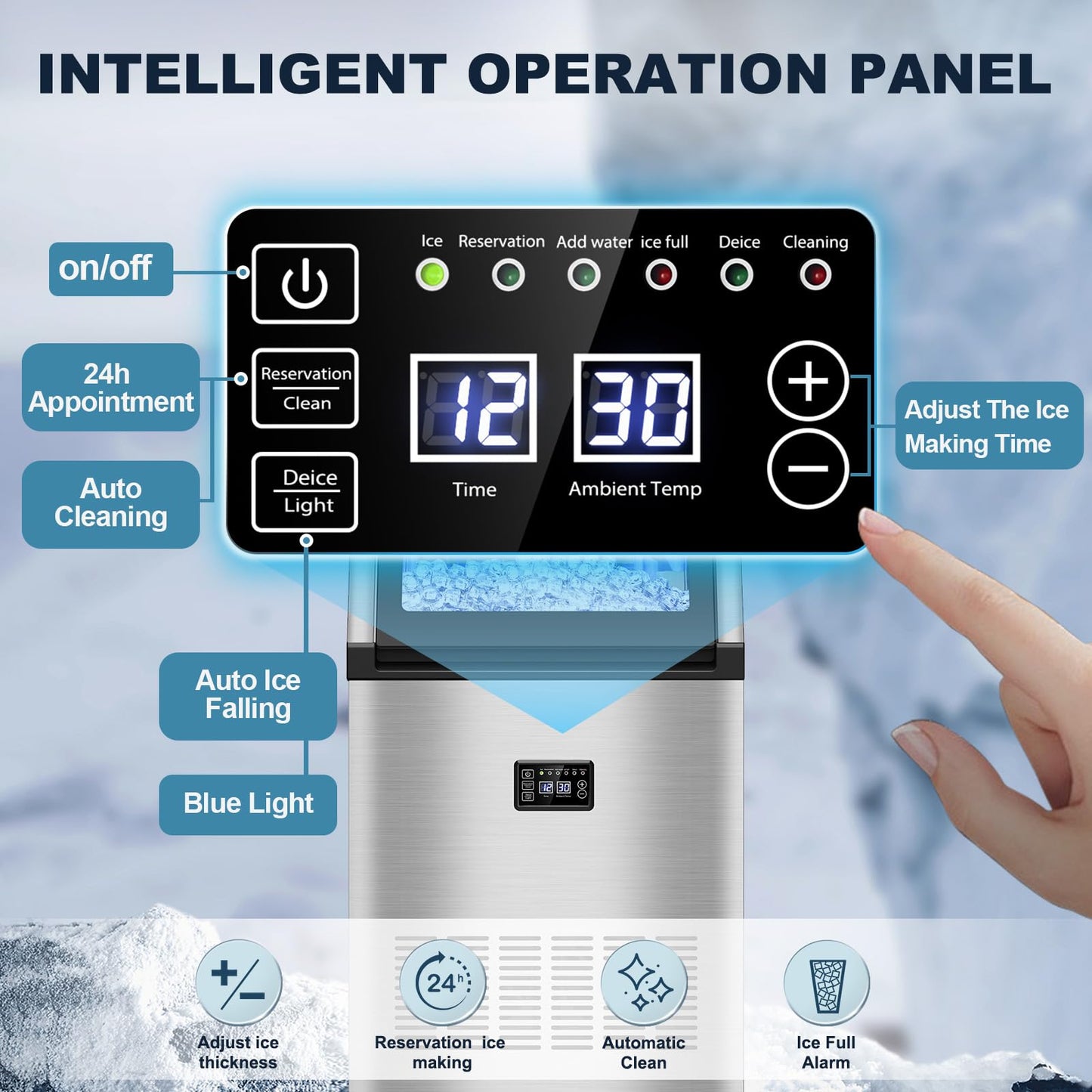 Commercial Ice Maker Machine, 160 lbs/24H with 50 lbs Storage Bin, Dual Water Inlet Options, Under Counter Freestanding Ice Maker for Home, Bar, Support 5-Gallon Bottle Water & Tap Water