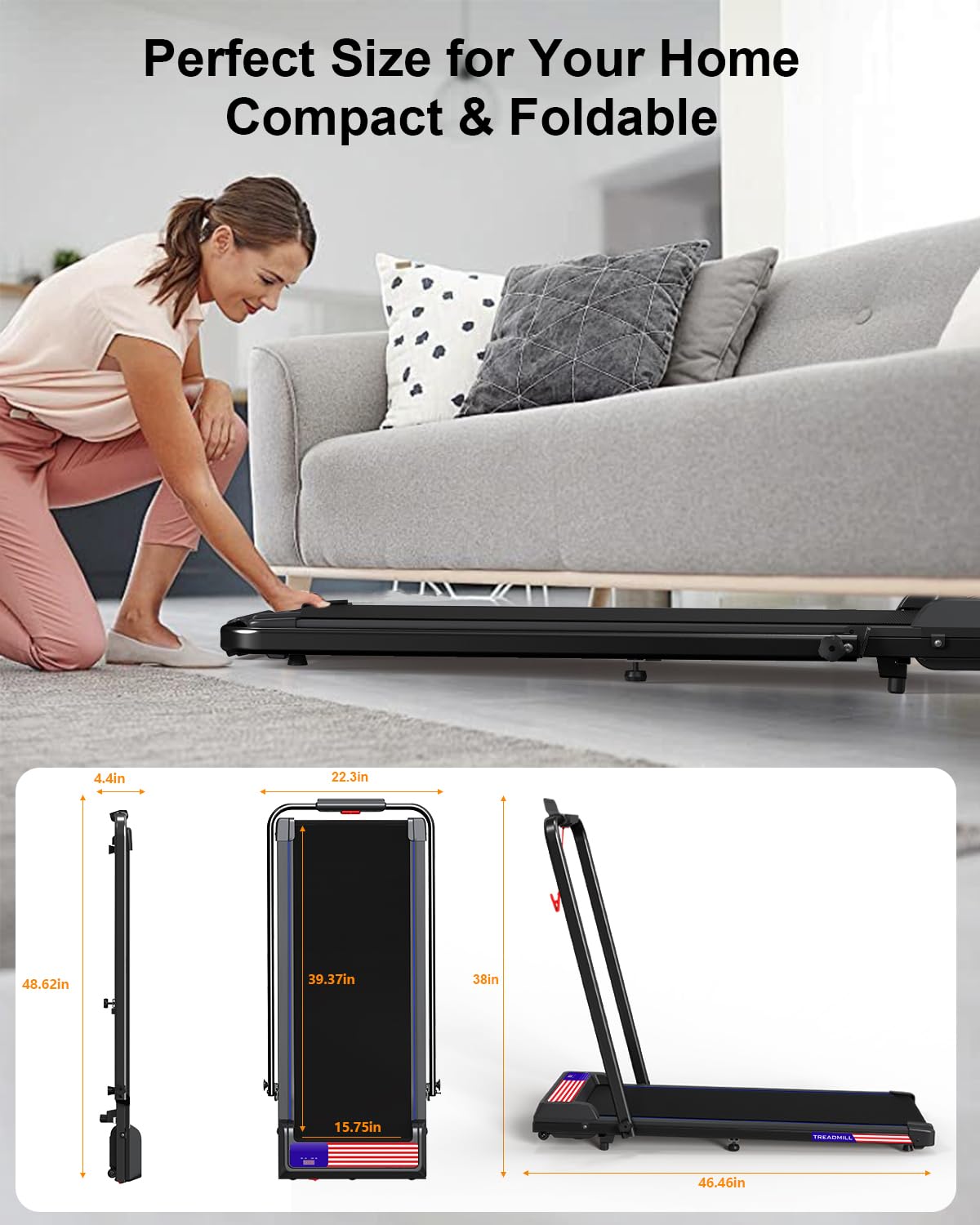 Treadmill Under Desk Walking Pad,2 in 1 Folding Treadmill for Home/Office with Remote Control and APP，Large Screen