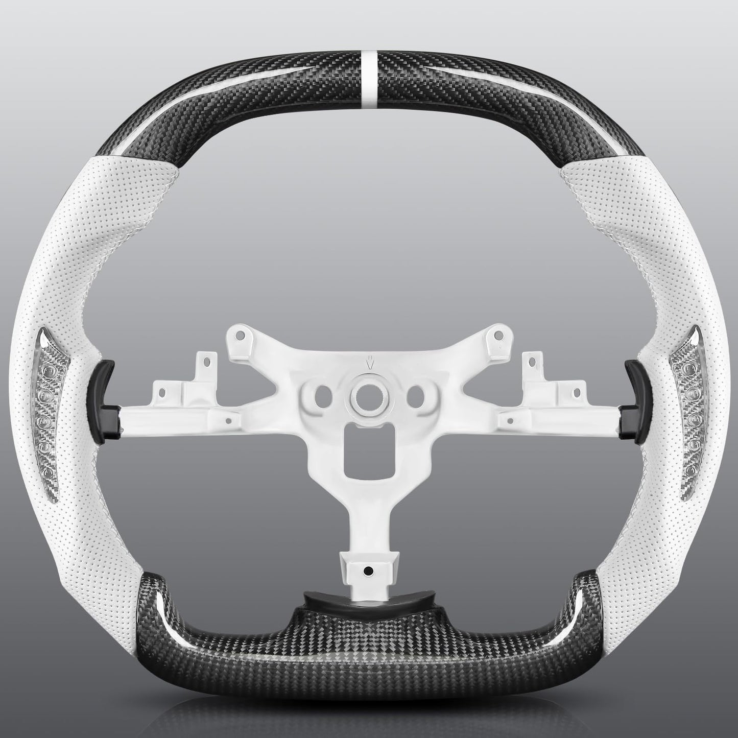 TESFEEL Real Carbon Fiber Steering Wheel for Chevy Corvette C6 2006-2011, Double D-Shape Flat Top & Bottom, White Nappa Leather with Silver Carbon Inlays, Fits for Base/Z06/ZR1/Grand Sport
