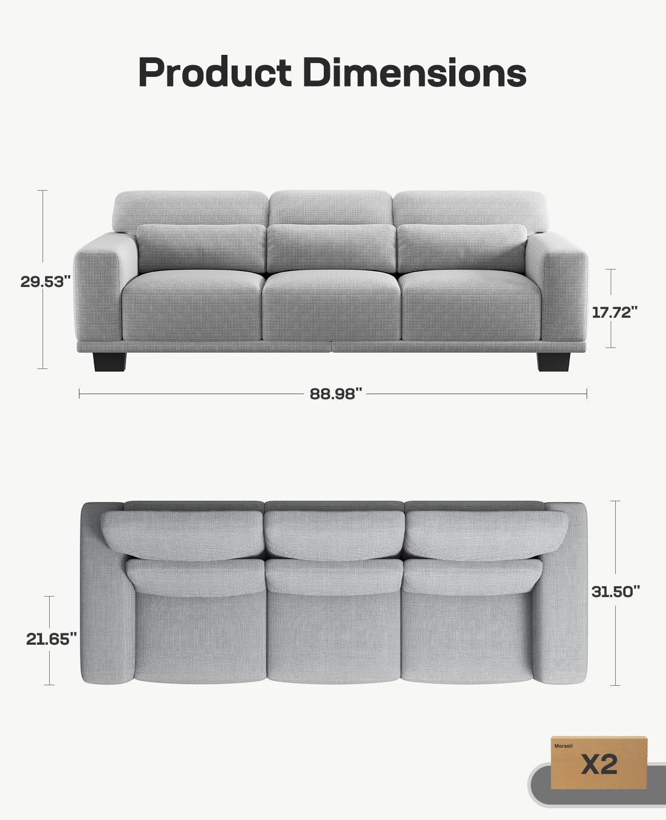 Marsail 89 Inch Sofa, 3-Seater Modern Comfy Couch with Deep Seats, Upholstered Linen Couches for Living Room, Bedroom, Office,Apartment, Grey