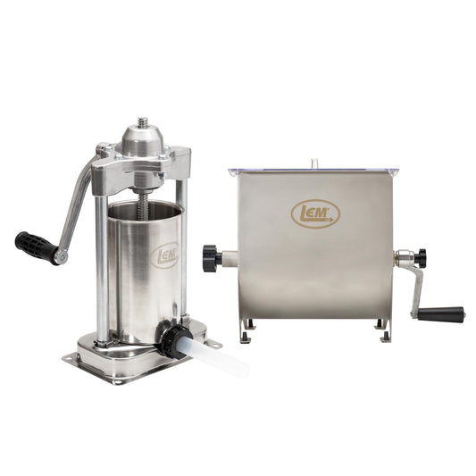LEM Products MightyBite Vertical Stainless Steel 5 Pound Capacity Sausage Stuffer with Plastic Stuffing Tubes and 20 Pound Manual Meat Mixer Set