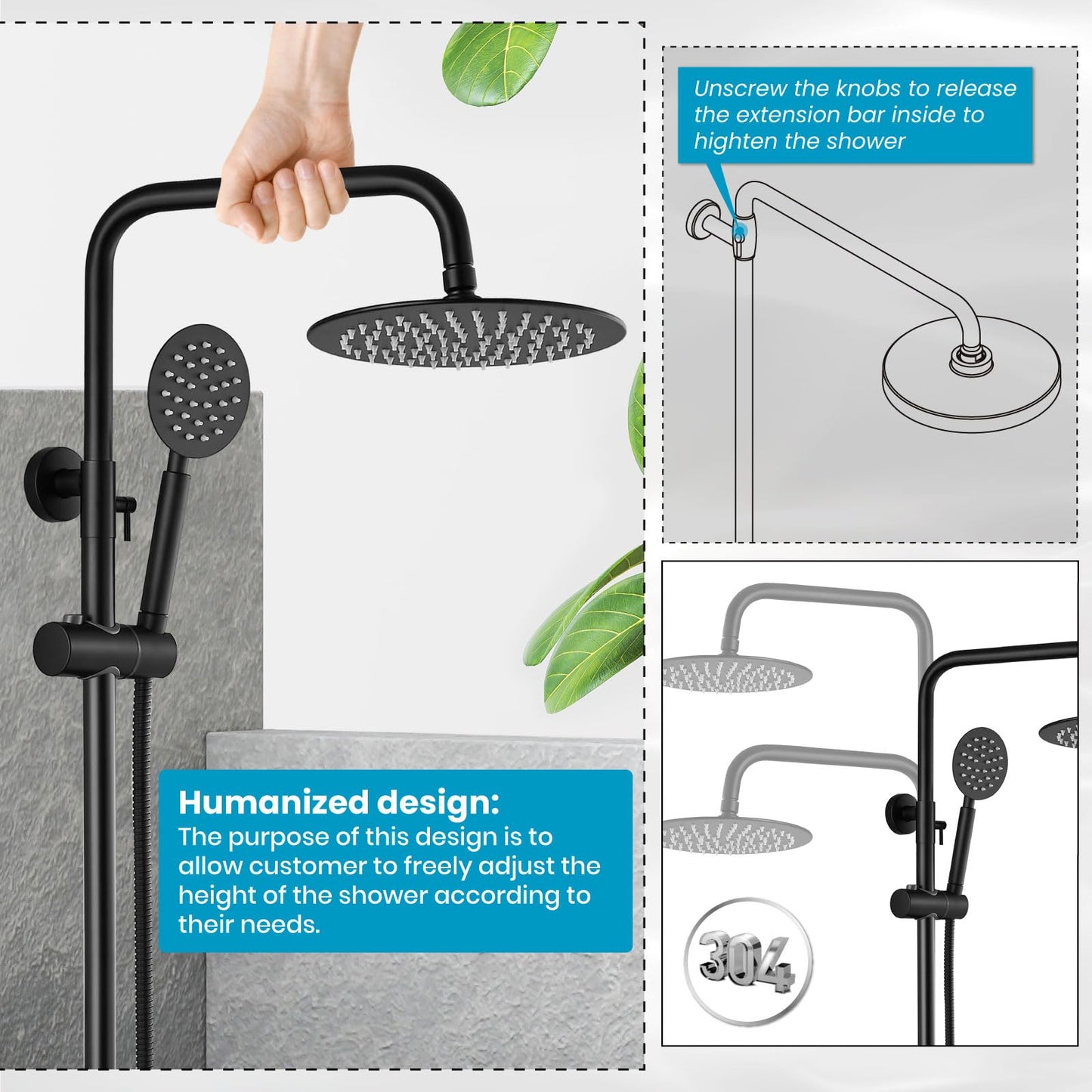 gotonovo SUS304 Outdoor Shower Fixtures High Pressure Rainfall Shower System Combo Wall Mount 2 Dual Function 8 Inch Shower Head and Round Handheld Spray Single Handle Shower Faucet Set Matte Black