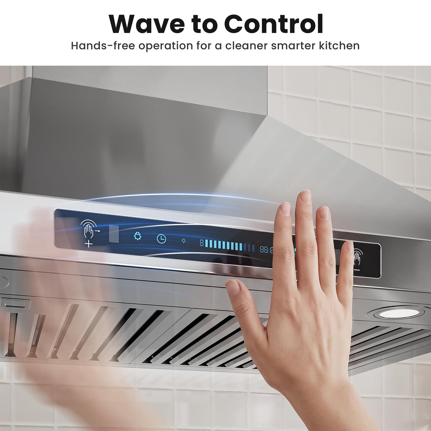 IKTCH 30-inch Wall Mount Range Hood 900 CFM Ducted/Ductless Convertible, Kitchen Chimney Vent Stainless Steel with Gesture Sensing & Touch Control Switch Panel, 2 Pcs Adjustable Lights(IKP02-30'')
