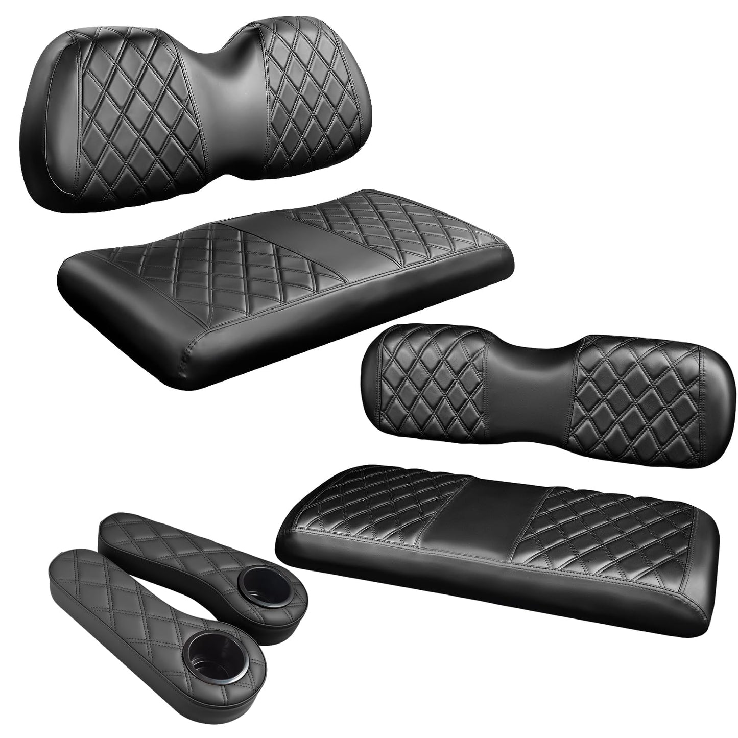 NOKINS 4PCS Golf Cart P Front and Rear Diamond Seat Covers and Golf Cart Rear Armrest with Cup Holder Kit (Fits 1-inch Square Tube) for Club Car Precedent Original Regular Seat Cushion(Black)