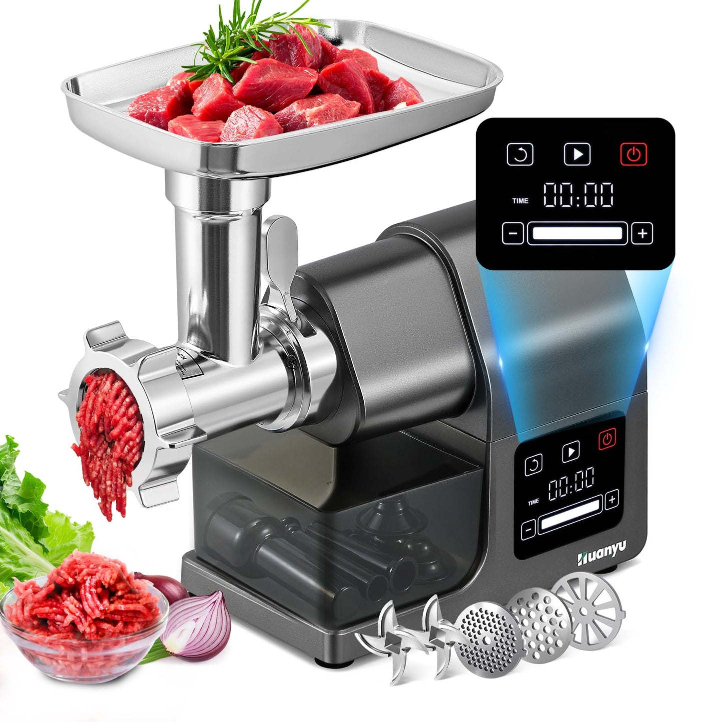 Electric Meat Grinder 2000W Heavy Duty, Touchscreen Control with 2 Blades, 3 Plates, Sausage Stuffer & Kubbe Kit, #10 Size for Home Use