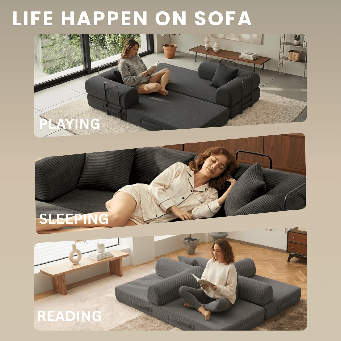 BRITEMART 4-in-1 Folding Convertible Sofa Bed, 77" Floor Couch with Pillow - Corduroy Fabric & High-Density Sponge & Fixed-Shape Frame, Modular Sofa for Living Room/Lounge/Studio, Dark Grey