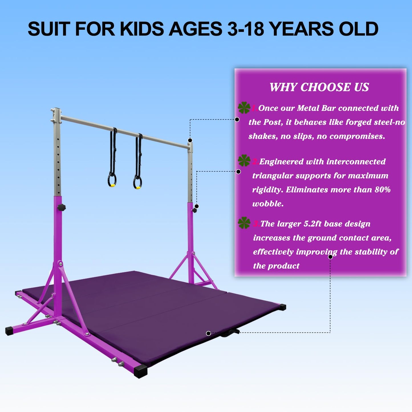 JC-ATHLETICS Gymnastics Kip Bar for Kid and Teenage Ages 3-18, 5.2FT Base Length, Adjustable Height from 3FT to 4.8 FT Height,Foldable Gymnastic Training Equipment for Home and Club Use