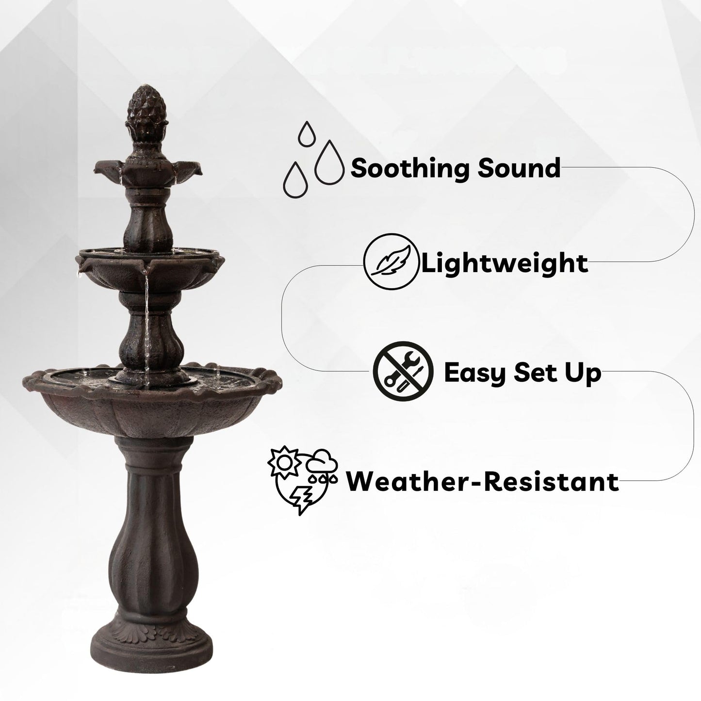 XBrand 51" 3-Tier Outdoor Waterfall Fountain, Resin Freestanding Water Feature with Auto Shut-Off Pump, Brown
