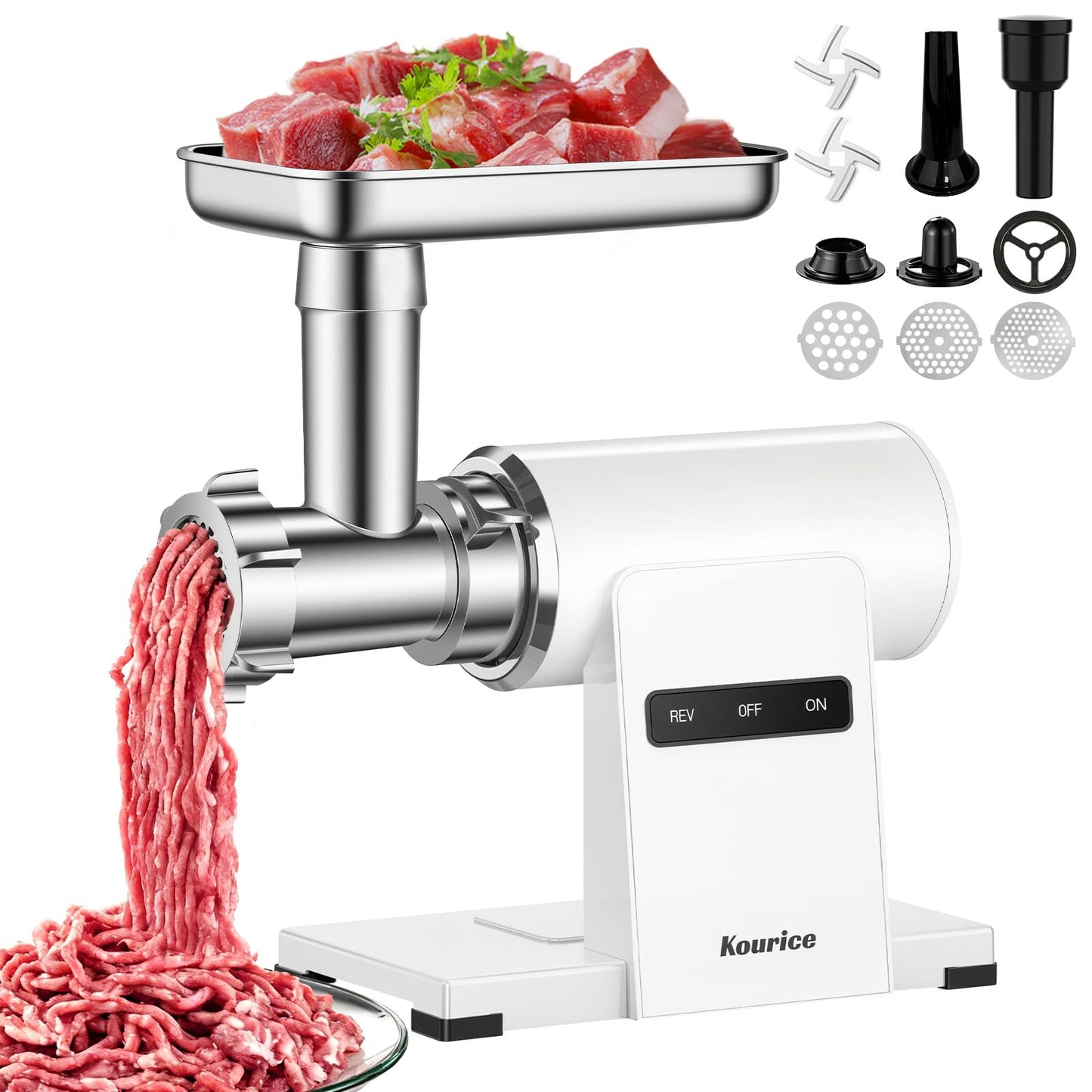 Kourice Meat Grinder, Electric Meat Grinder with Sausage Stuffer Maker & Kubbe Kit, Metal-Body Meat Mincer with 3 Stainless Steel Grinding Plates & 2 Blades for Home Kitchen Using