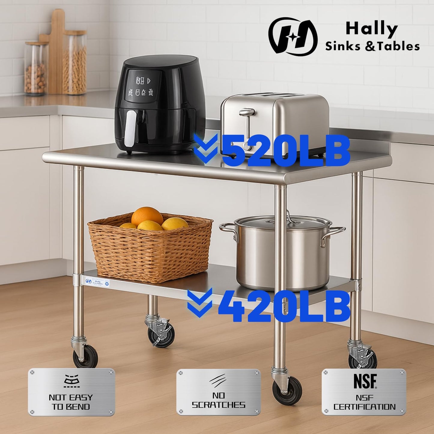 HALLY SINKS & TABLES H Stainless Steel Table for Prep & Work 24 x 72 Inches with Caster Wheels, NSF Commercial Heavy Duty Table with Undershelf and Backsplash for Restaurant, Home and Hotel