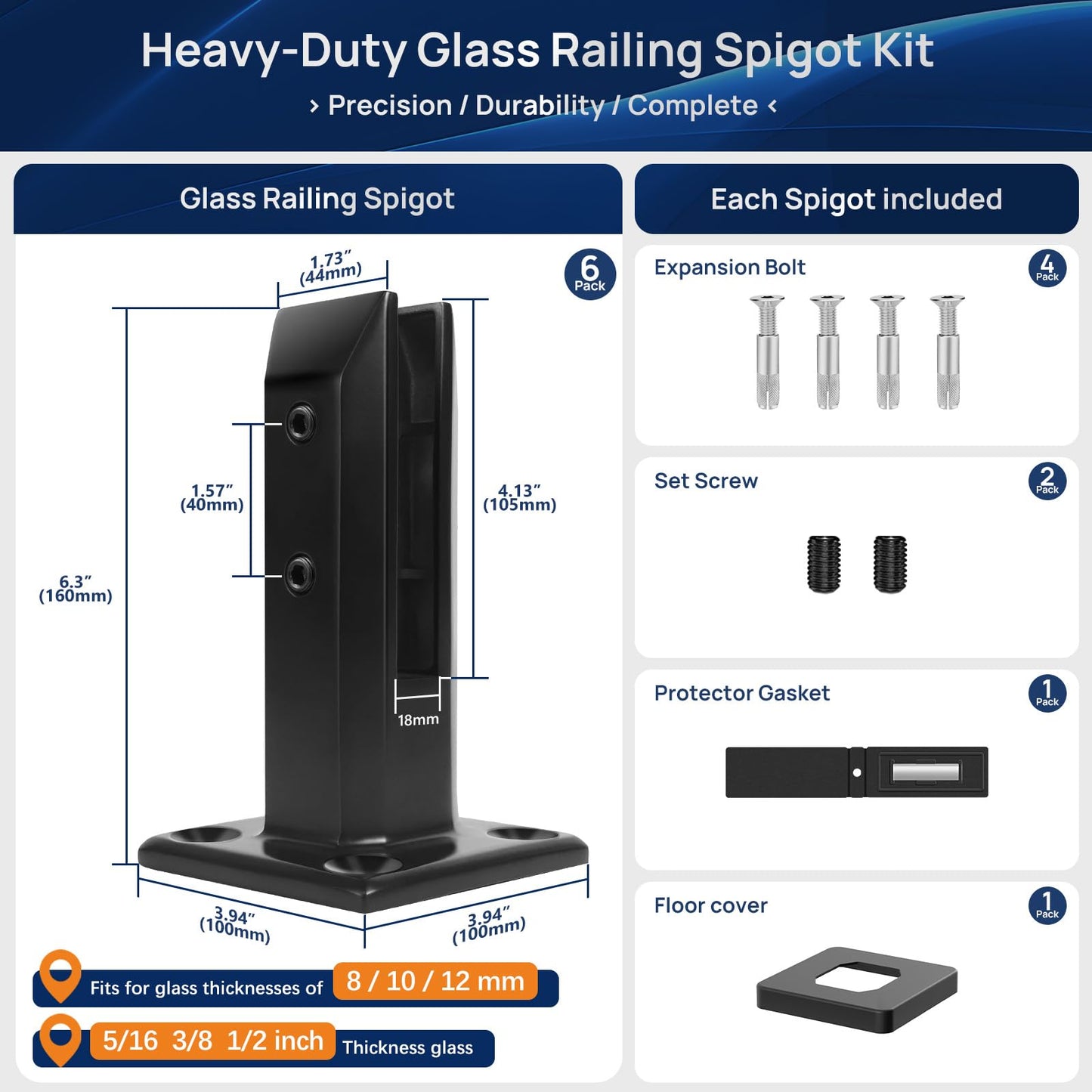 LukLoy 6 Pack NW. 2.1lb T304 Stainless Steel Glass Railing Spigot Heavy-Duty Matte Black Clamp Post Glass Railing System, No-Drill Design for Pool, Deck, Stair, Balustrade, Balcony - Level 2