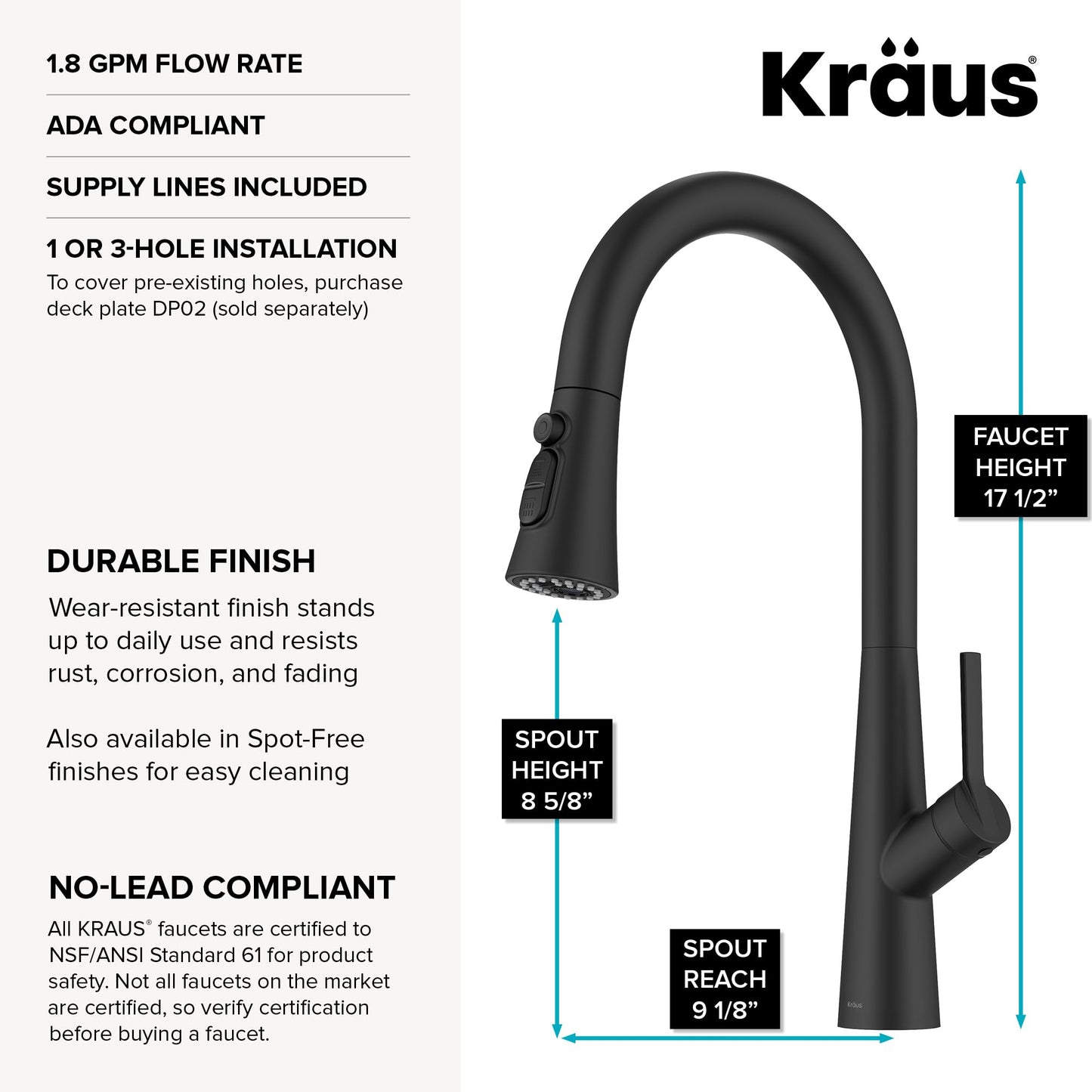 KRAUS Odelia 4-Function Single Handle Pull Down Kitchen Faucet in Matte Black with CleanSweep Blade Spray, KPF-3220MB