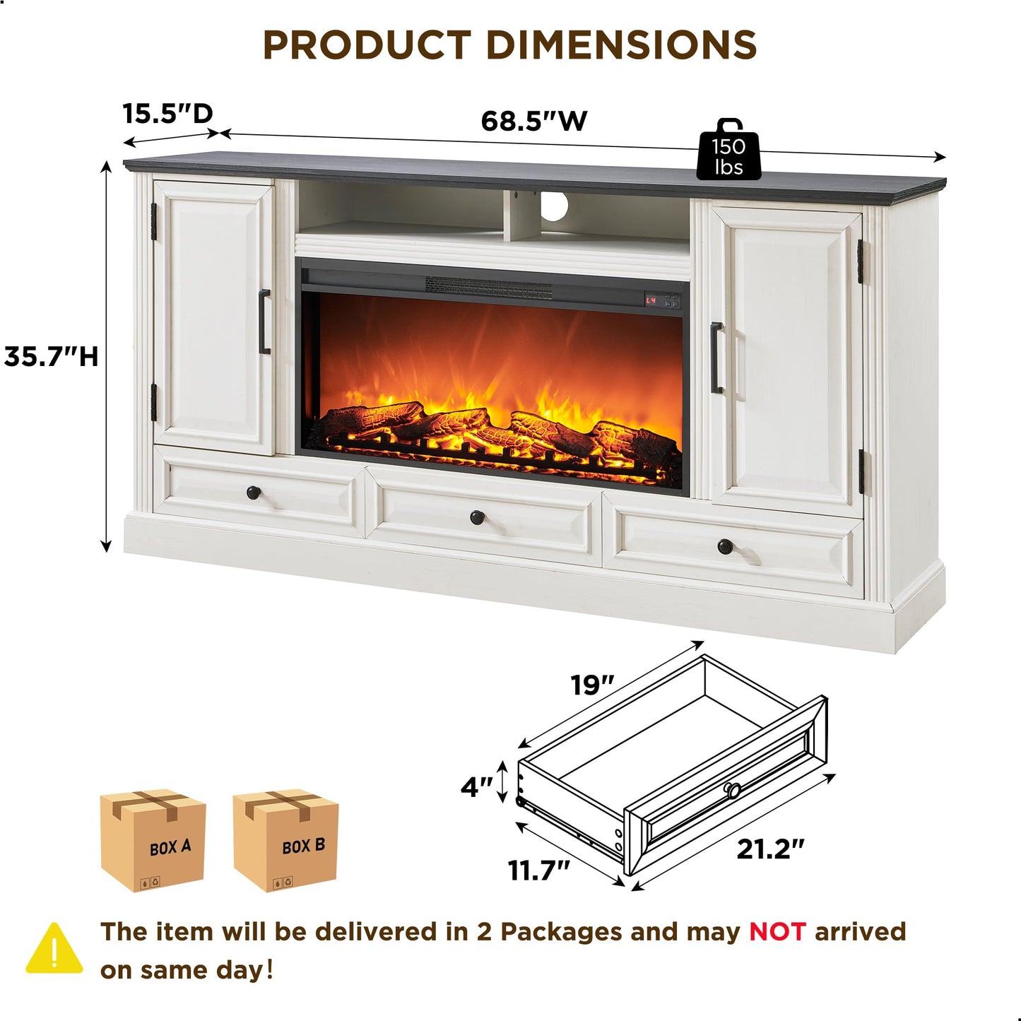 ACCOHOHO Fireplace TV Stand for 80 Inch TV, 35.7" Tall Farmhouse Entertainment Center W/36'' Electric Fireplace, Media Console with Large Storage Cabinets and Drawers for Living Room, Antique White