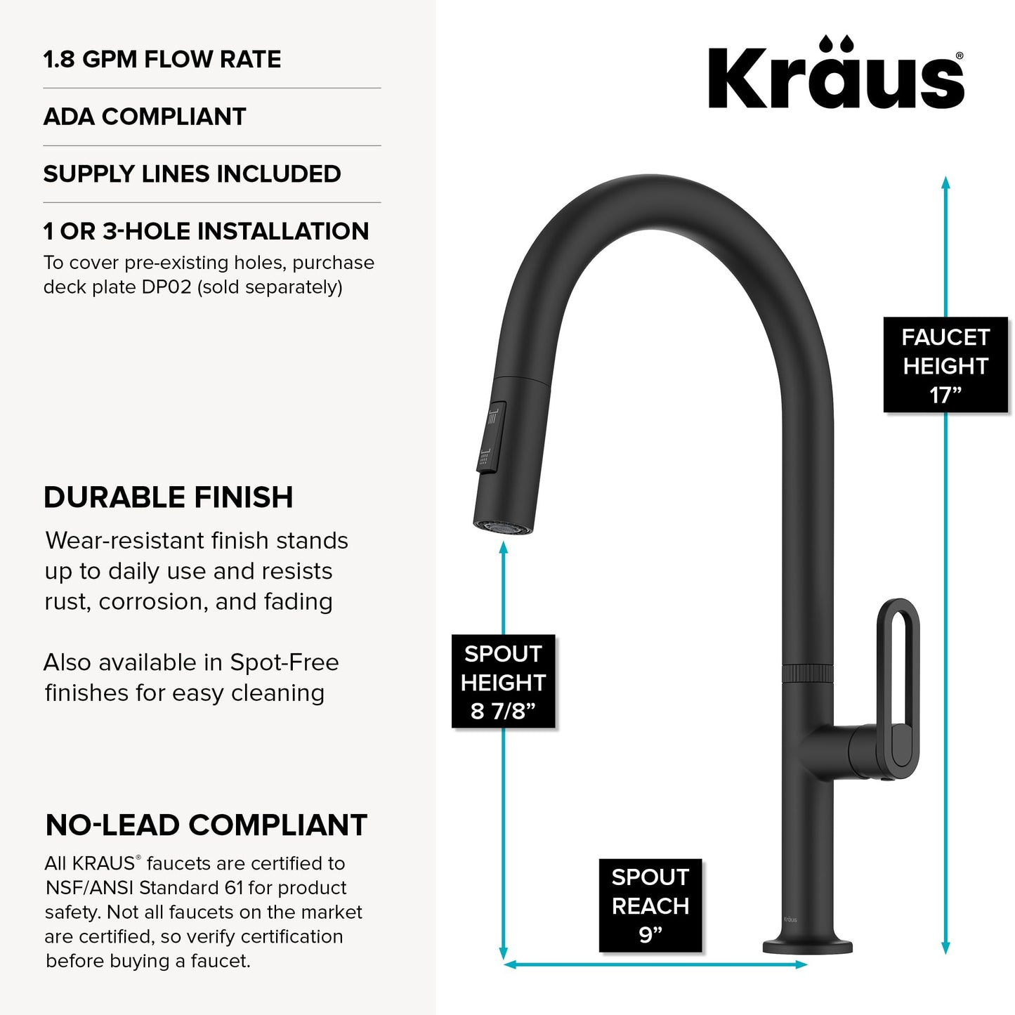 KRAUS Vetra 2-Function Single Handle Pull Down Kitchen Faucet in Matte Black, KPF-2850MB