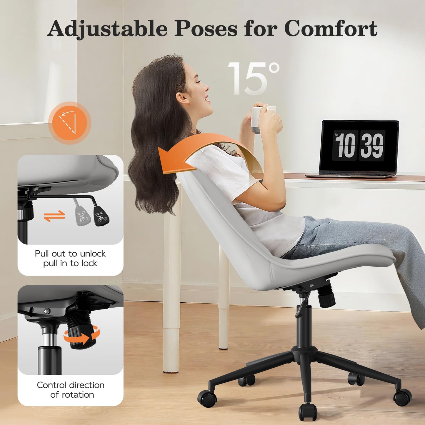 Bananister Armless Office Chair, Desk Chair No Arms, Adjustable Swivel Rolling Task Chair with Wheels, Faux Leather Upholstered, Compact for Small Space Home Office & Bedroom Vanity, White