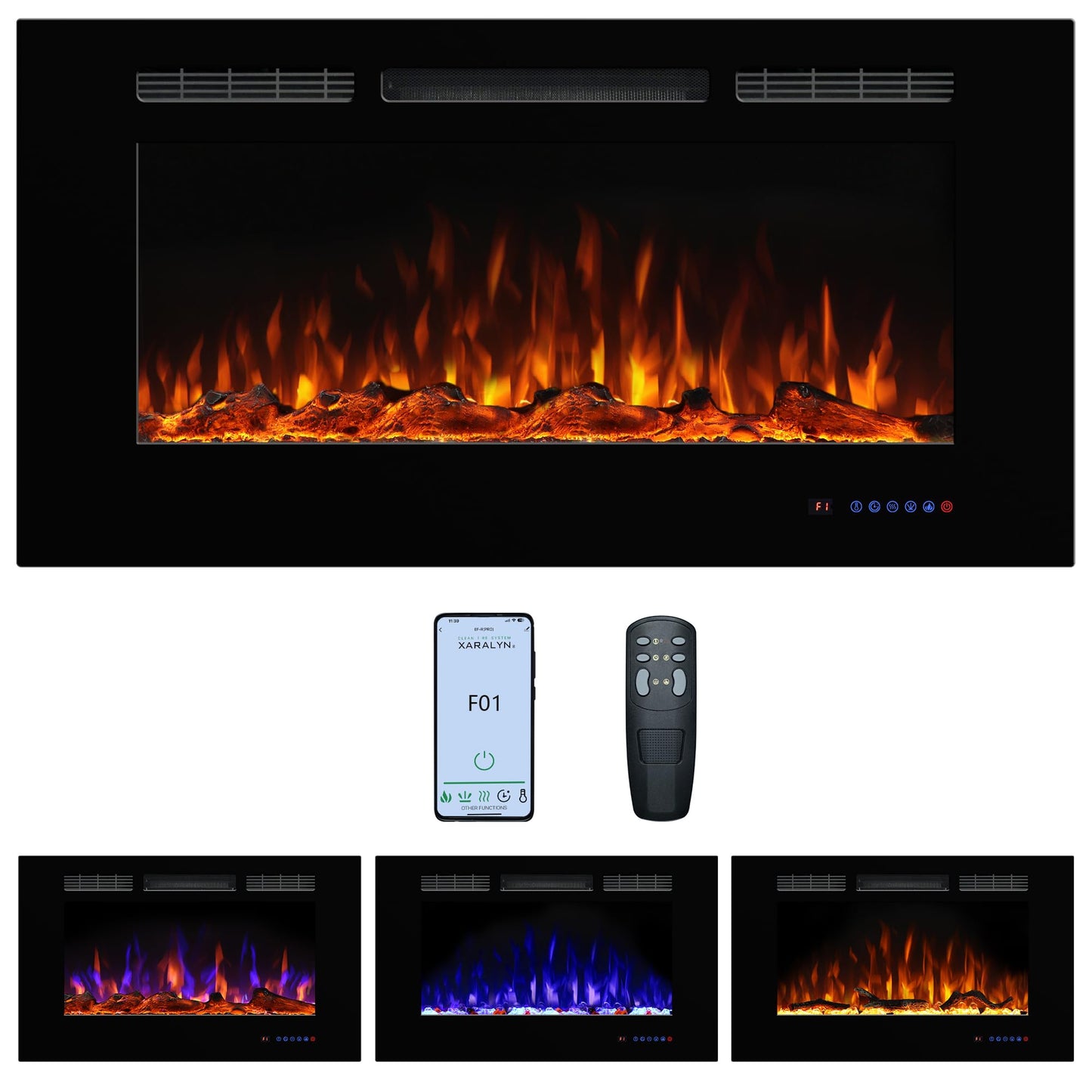 Dreamflame Electric Fireplace 42inches, Wall-Mounted & Recessed Fireplace Inserts, Multicolor Flame w/5 Dimmer, Remote Control Thermostat, Timer, Overheating Protection, Hardwire Connect, 1500W,Black