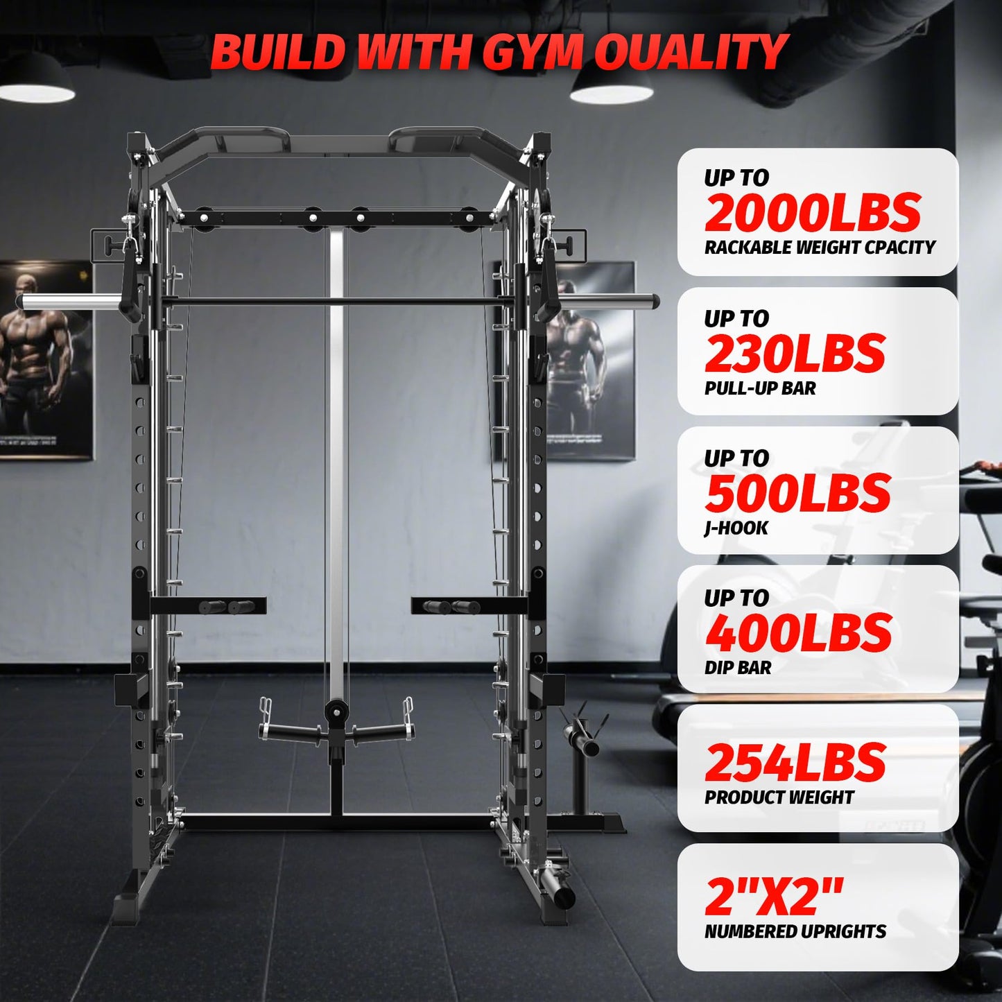 GarveeLife Power Cage, Smith Machine Squat Rack, Heavy Duty Power Rack for Home Gym with Pulley System, Dip Bar, LAT Pulldown, Multifunctional Squat Rack for Home Gym, Black