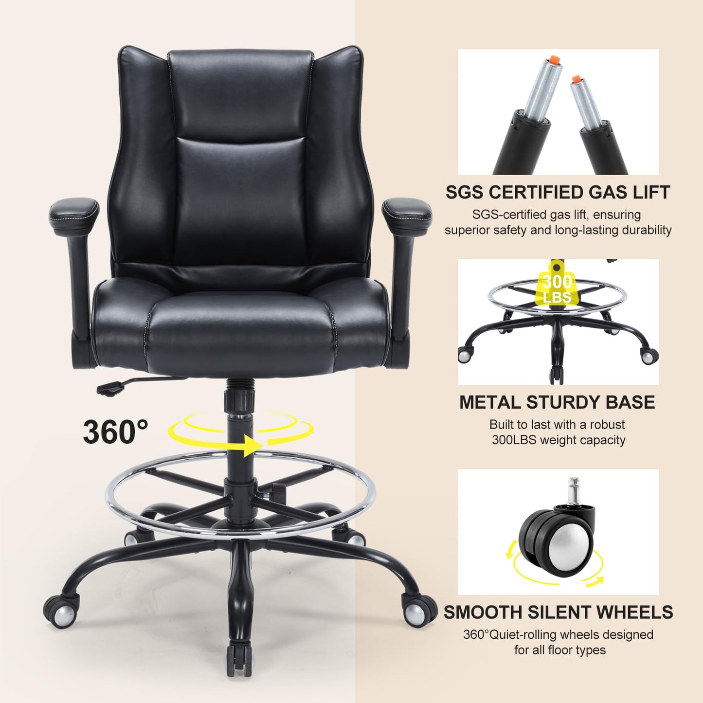OLYFING Drafting Chair, Tall Office Chair with Padded Adjustable Arms and Footring PU Leather Standing Desk Chair with Extra Thicken Seat Cushion, Comfy High Office Chair for Counter Height Desk