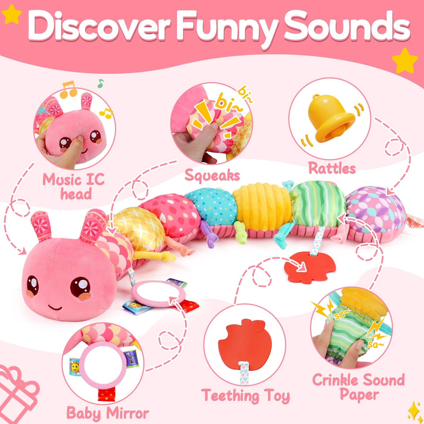 Baby Girls Toys 0-6 Month Music Animal Stuffed Caterpillar Toy for Infant 0-3 3-6 Months Mirror Crinkle Rattle Tummy Time Sensory Toys for 3 4 5 6-12 Month Old Newborn Baby Shower Easter Gifts
