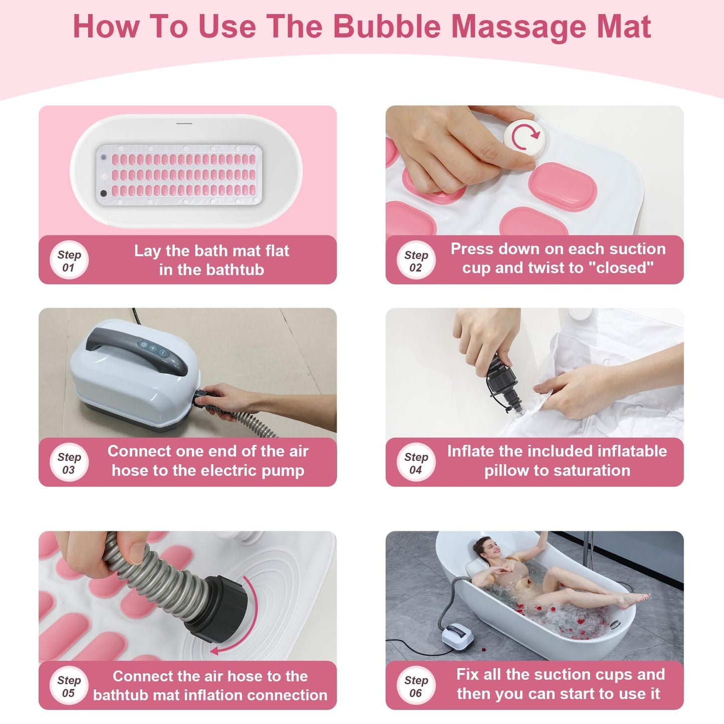 Portable Spa Bubble Bath Massager - Bubble Massage Bath Mat for Bathtub,74 Air Jets with Remote Control, 6 Speed Settings & Non-Slip Suction Cups, Includes Inflatable Pillow for Spa Relaxation (Pink)