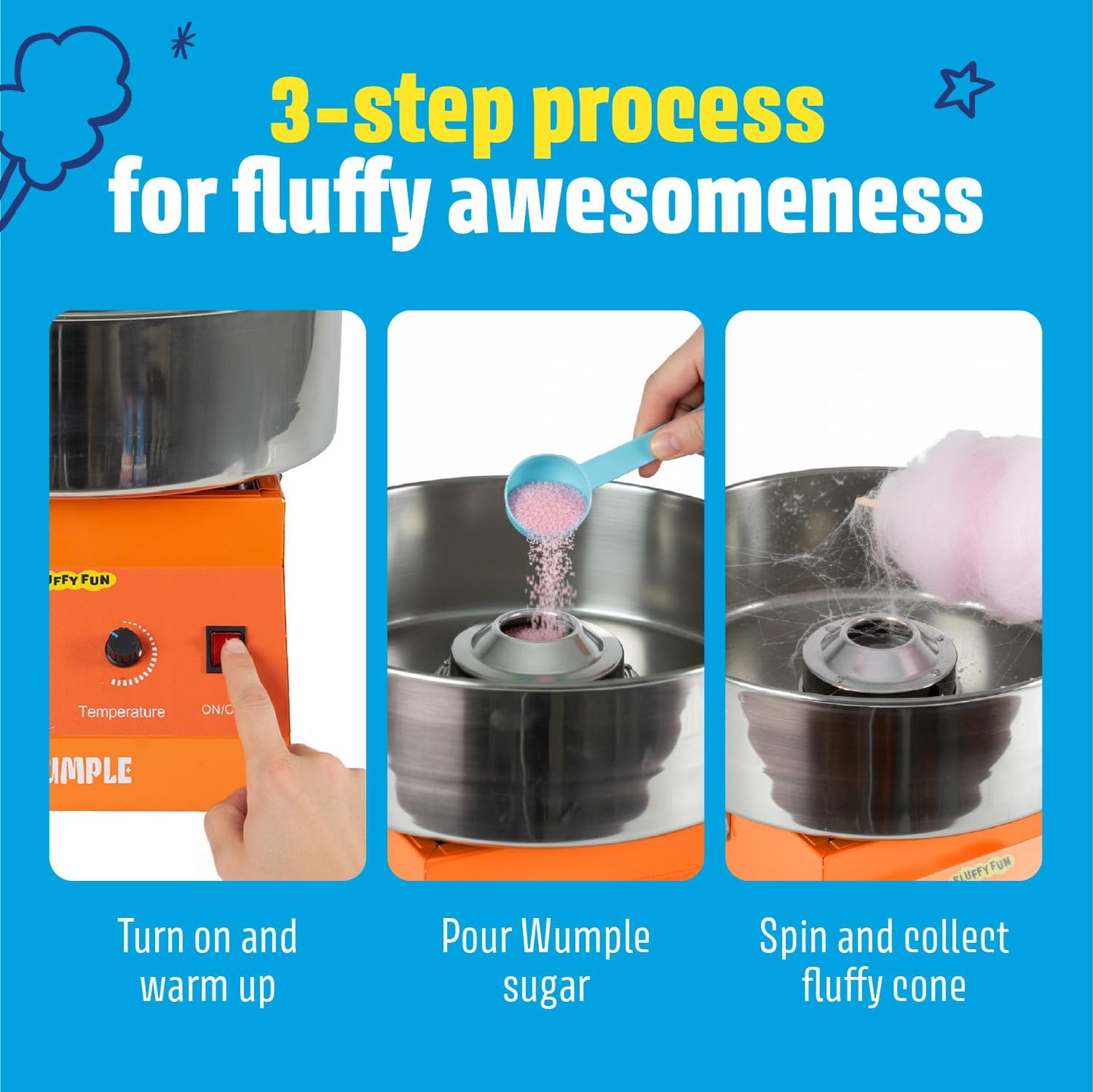 Wumple - Cotton Candy Machine Pro Bundle, Includes 3 Flavored Sugars & 70 Cones, Electric Machine with Large Stainless Steel Bowl for Parties & Business (Orange)
