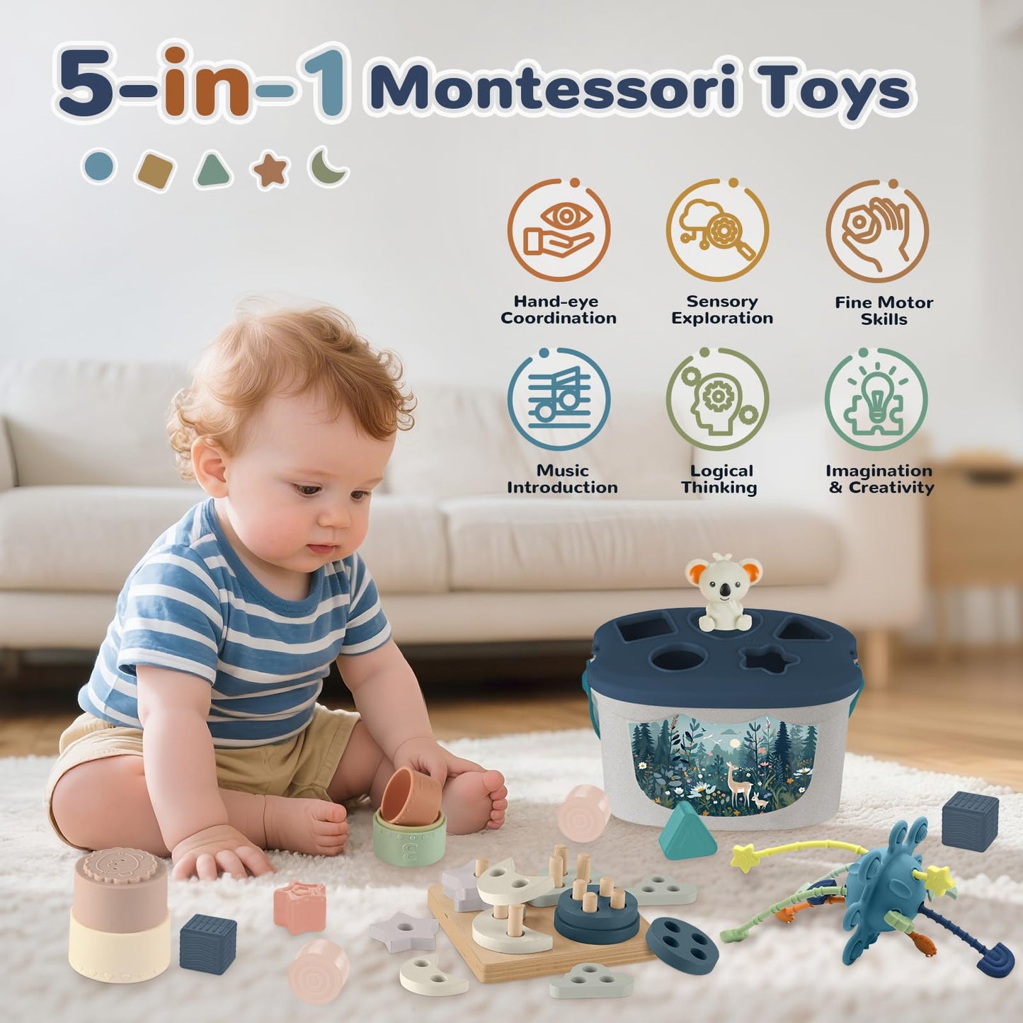 Montessori Toys for 6-12 Months, Baby Toys 6-12-18 Months with Baby Blocks Cup Toys, Pull String Toys, Shape Sorting Baby Development Toys for 6-24 Months Girls Boys Birthday Chiristmas Gifts