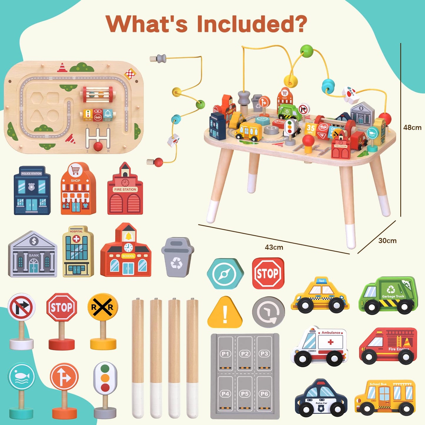 Wooden Montessori Activity Table for Toddlers, Baby Busy Table with Bead Maze, Shape Sorter, Cars & Road Signs, Traffic Learning Activity Center Sensory Toys for Birthday Gift Boys Girls 1+ Year Old