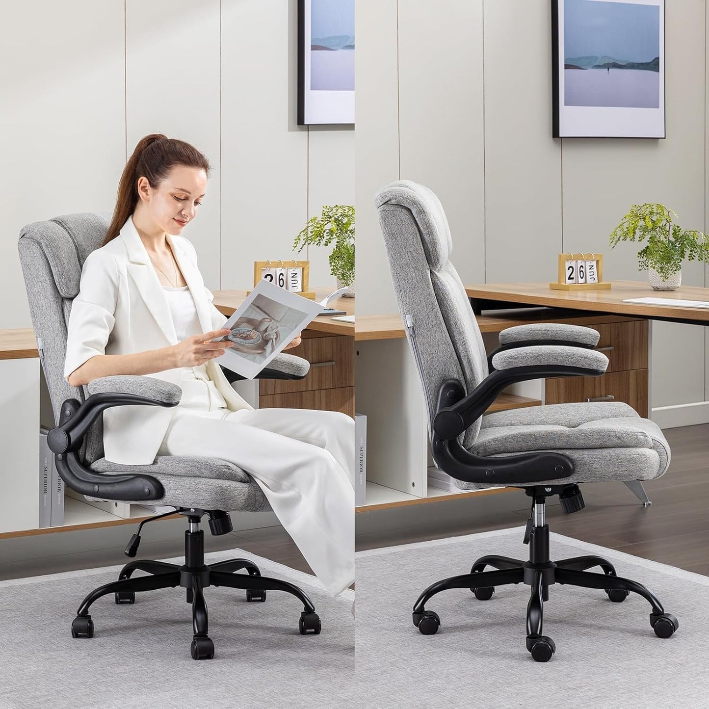 BRTHORY Office Chair High Back Ergonomic Executive Computer Desk Chair Comfortable Fabric Padded Home Office Desk Chairs with Flip-up Arm Rest Adjustable Height Swivel Wheels (Grey)