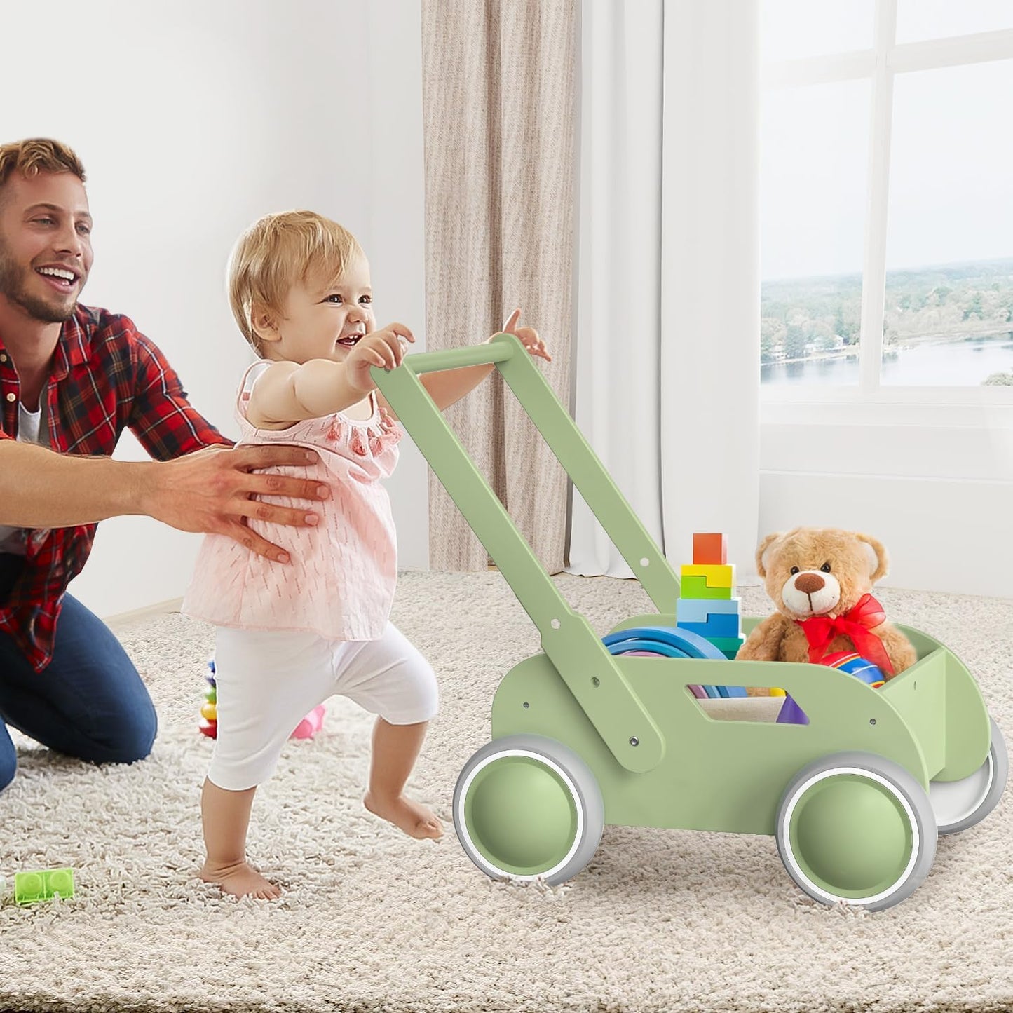 Wooden Baby Walker for Toddler, Baby Push Walker with Wheels for Infants Boys Girls, Toys Gift for Birthday Christmas New Year, Mint Green