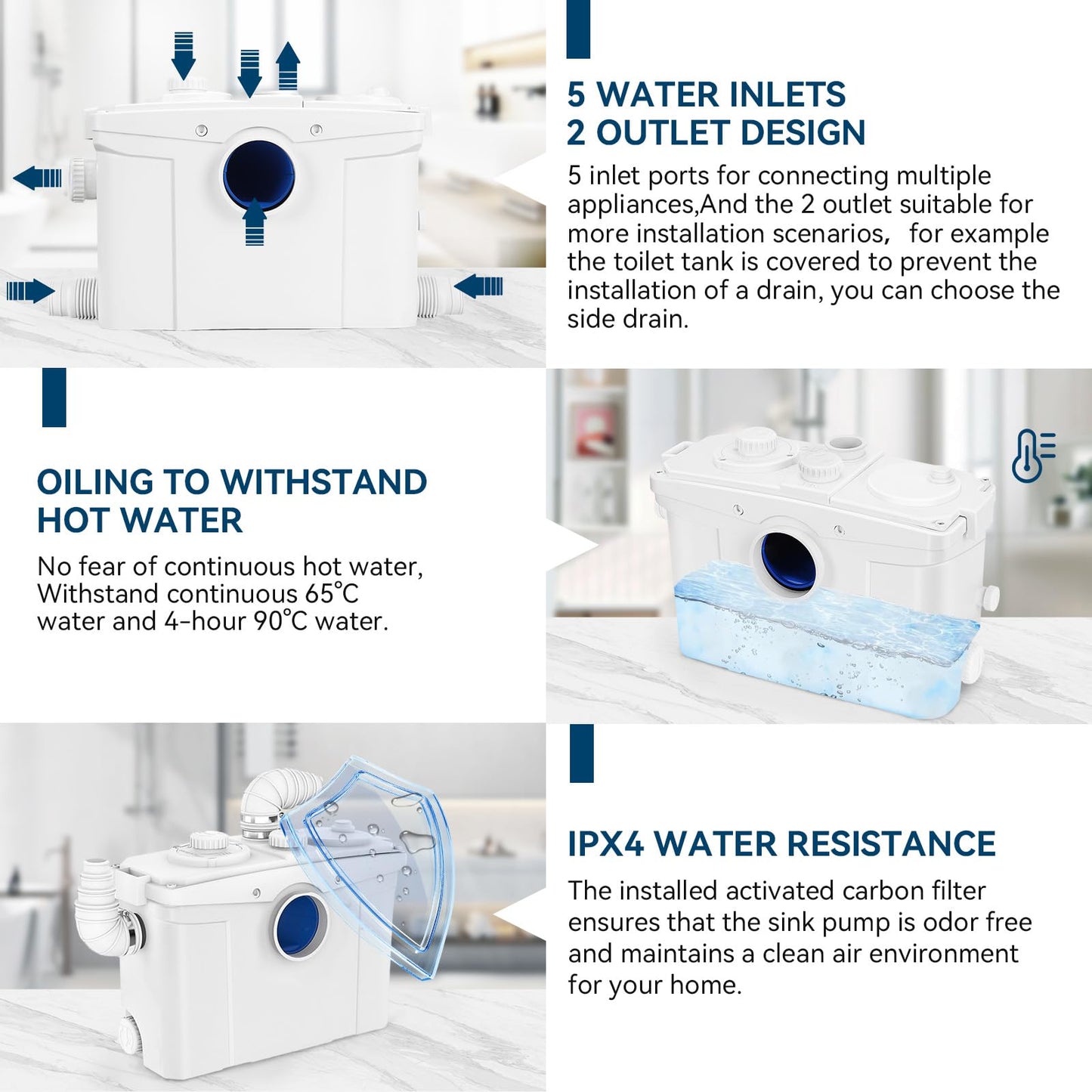 1200W Macerator Pump with PCB Function Toilet Pump Utility Sink Pump Upflush to 39.4FT 2800GPH Macerating Toilet System with 5 Water Inlets 2 Outlets for Toilet Sink Shower Laundry Kitchen Basement
