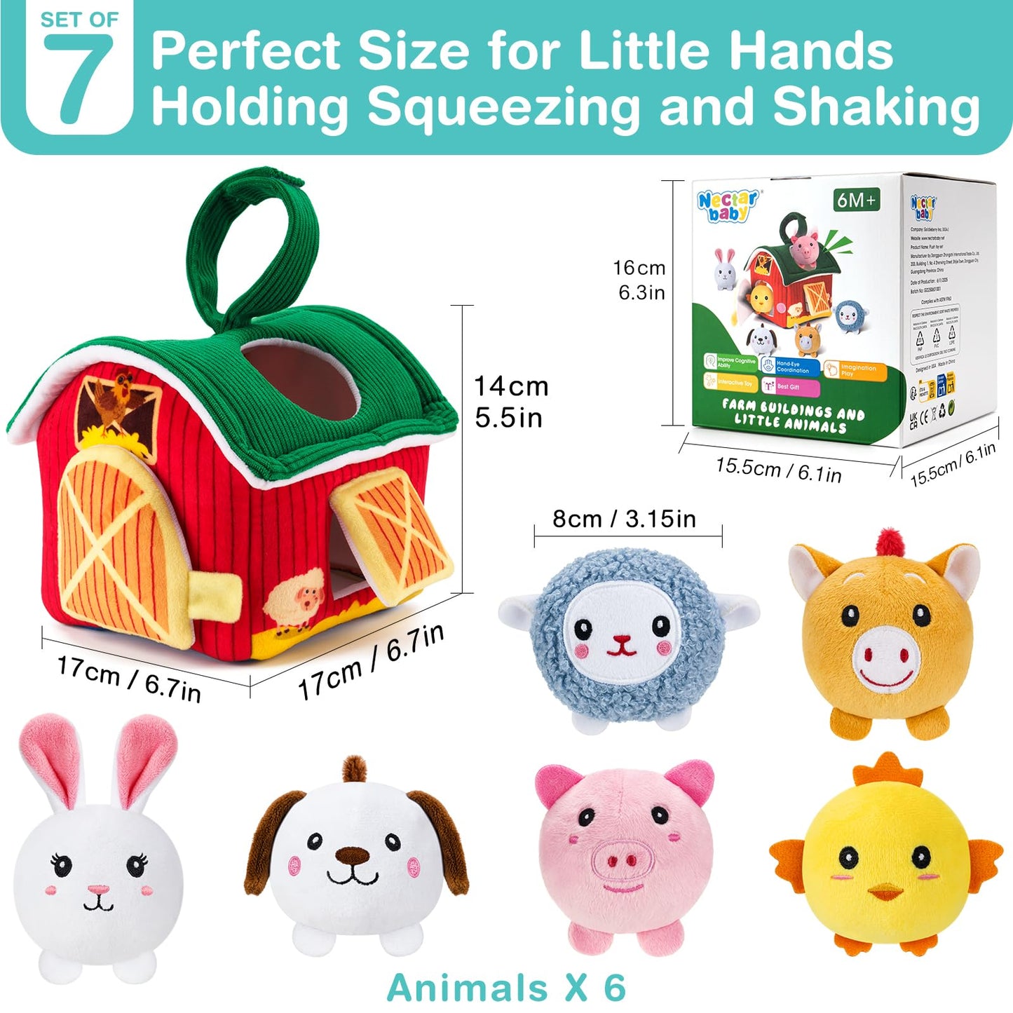 NECTAR BABY Soft Baby Sensory Toys - First Surprise Barn with 6 Stuffed Farm Animals - Rattles, Crinkles, Squeak, Mirror - Montessori Toys for 6-12 Months Infant & 1-3 Years Toddler Gifts & Travel Toy