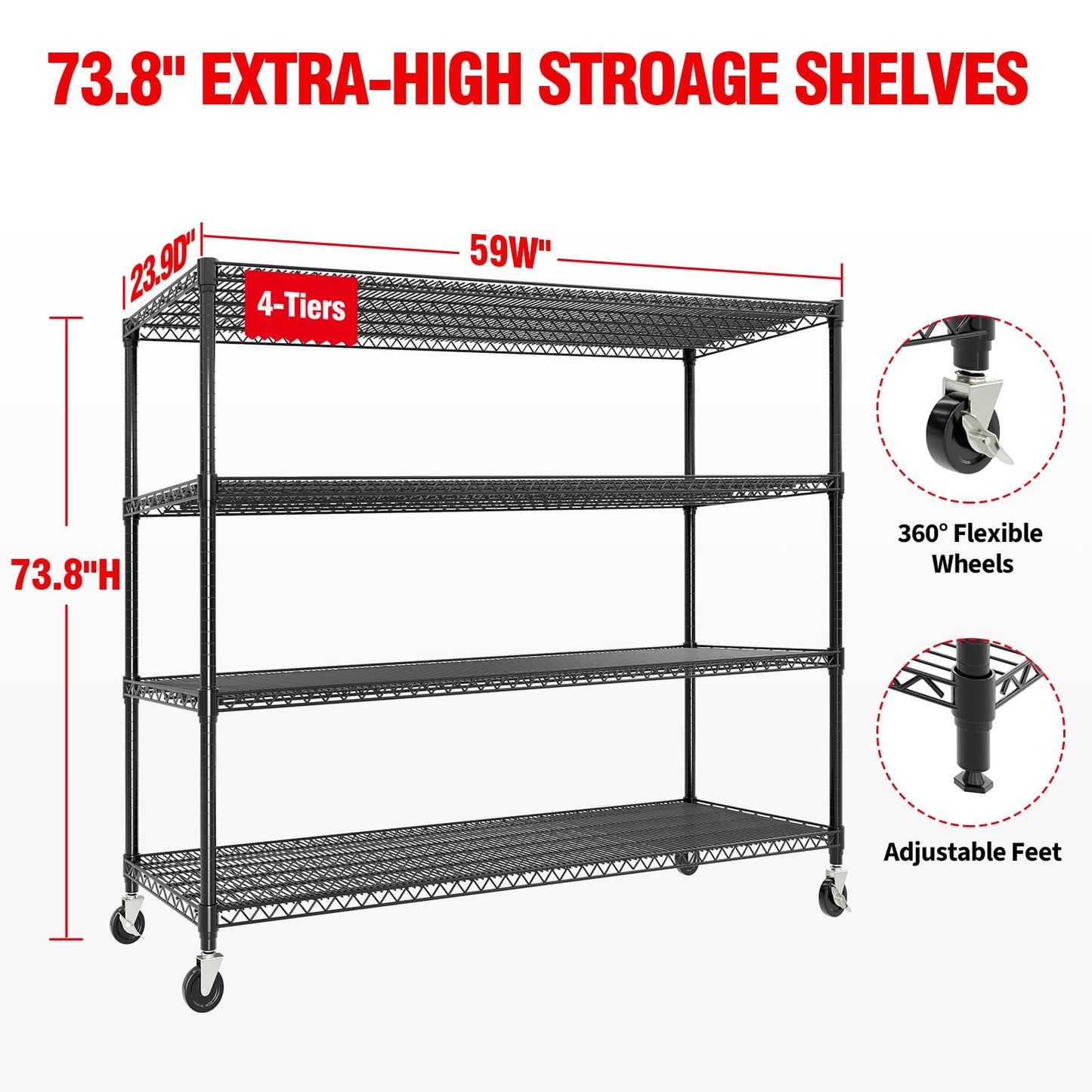 59" W Storage Shelves 2640LBS Heavy Duty Garage Shelving Units with Wheels and Adjustable Shelf, 4-Tiers Wire Shelving Rack for Garage Pantry Kitchen Warehouse Industrial
