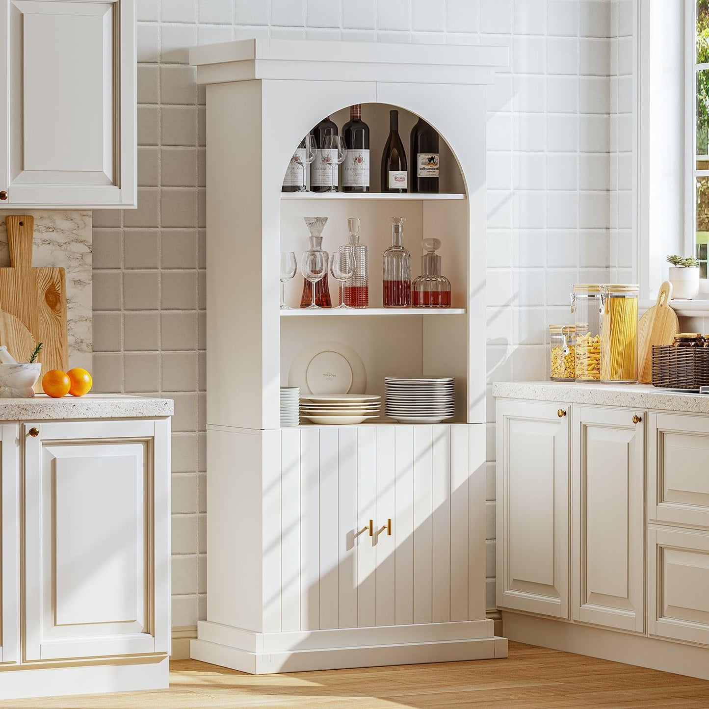 Myricore 71" Arched Kitchen Pantry Cabinet, Tall Half Open Storage Cabinet with Drawers, Modern Display Hutch for Dining Room, Living Room, White with Gold Handles, 3 of Set