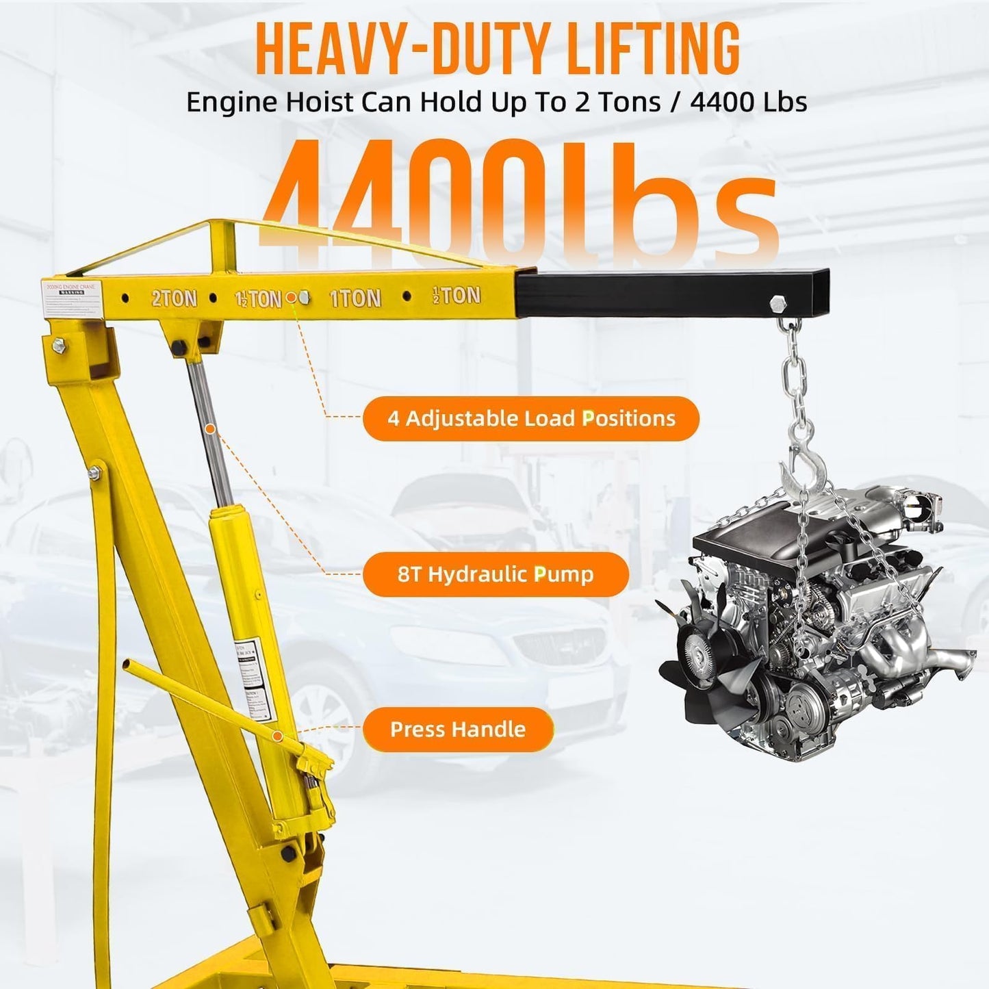 2 Ton Folding Hydraulic Engine Hoist Cherry Picker, 4400 Lbs Capacity, Adjustable Telescoping Boom, Heavy Duty Shop Crane No Load Leveler & 6 Swivel Wheels, for Garage Workshop Warehouse Automotive